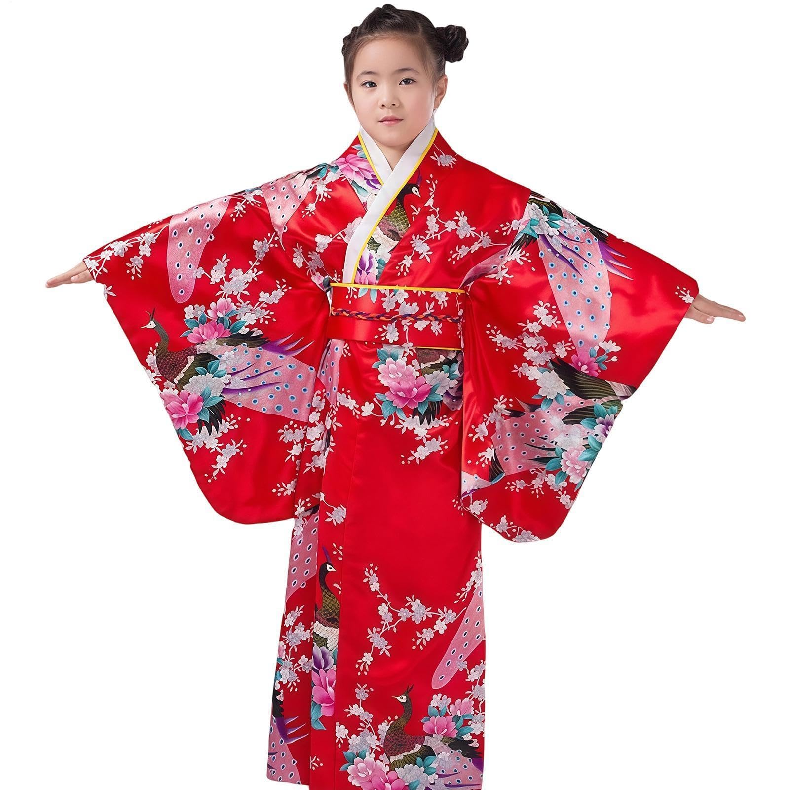 Robe Kimono pour enfants, robe kimono japonaise culturelle à motif floral - robe de cosplay geisha ensemble kimono, pour les enfants de 2 à 10 ans et les étudiants pour les fêtes d'anniversaire et les
