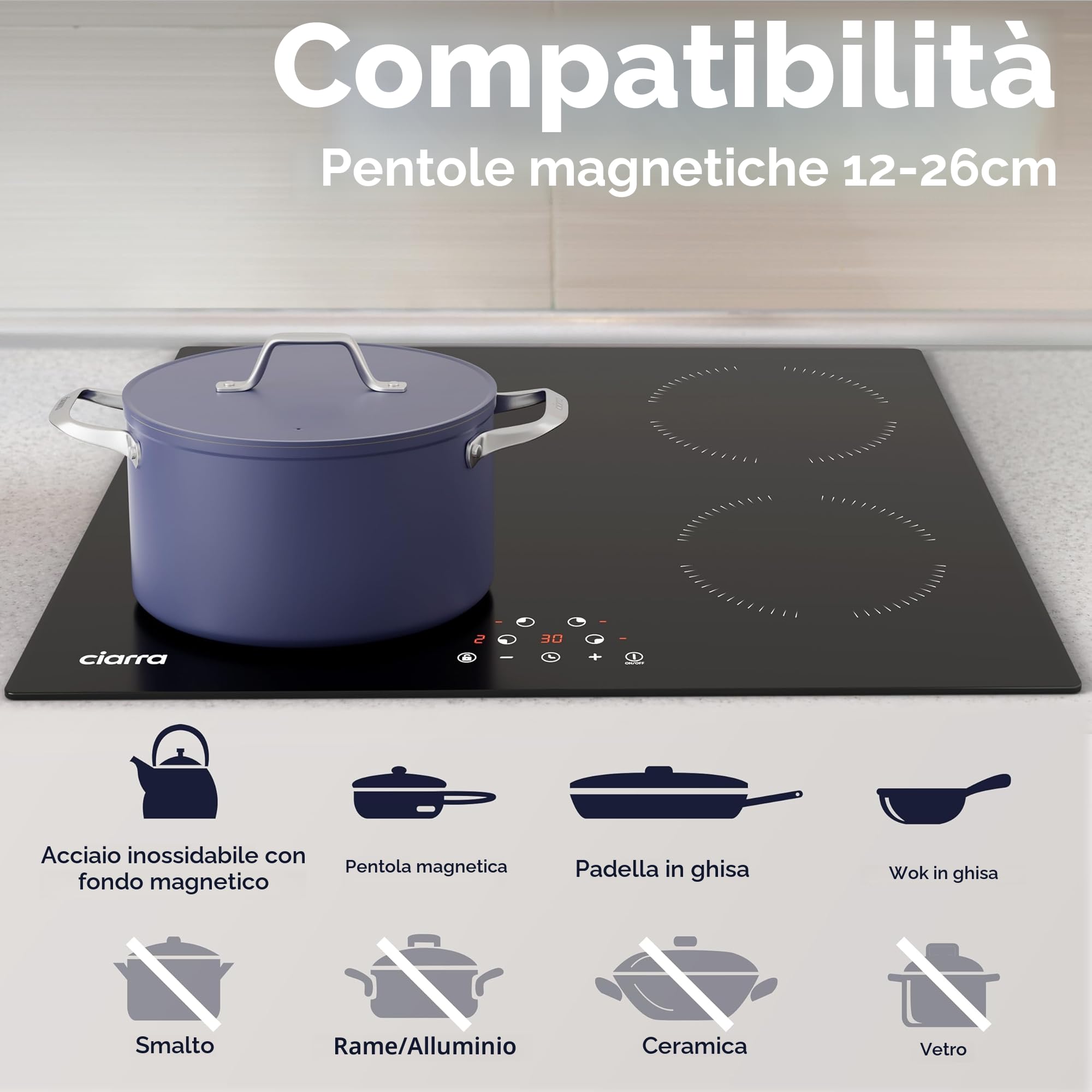 CIARRA Piano Induzione 4 Fuochi, Fornello Induzione con Sicurezza Bambini, Controllo Touch, Timer, 59CM, AWBBIH4-A | Blocco Bambini, Controllo Touch, Timer, Spegnimento Automatico, AWBBIH4-A