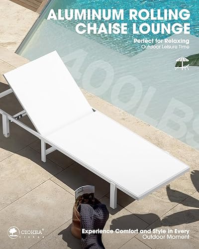 Miniatura 7 de Tumbona de aluminio para exteriores con ruedas, silla de salón de patio con reclinable ajustable de 5 posiciones y silla de bronceado plana completa