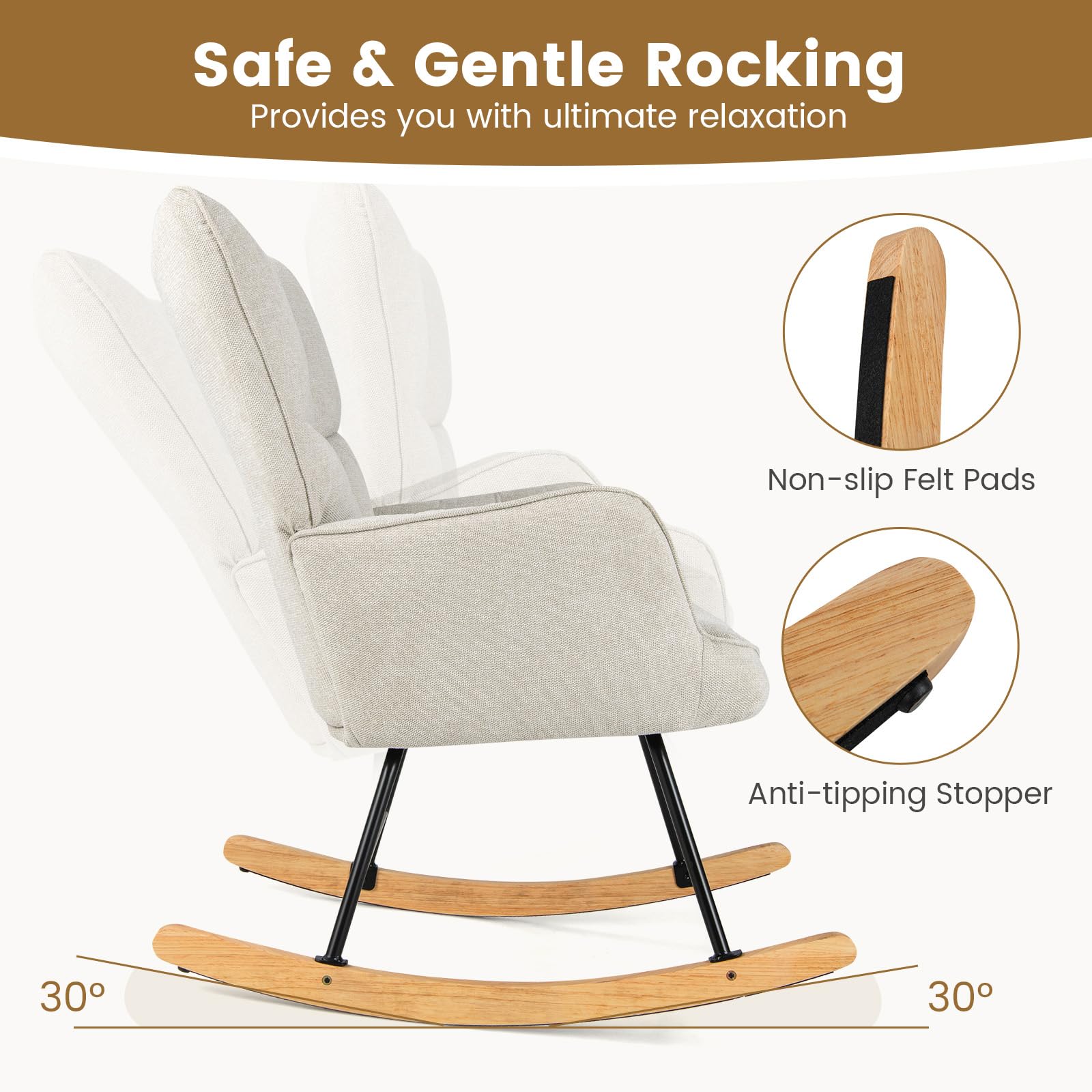 Moderna mecedora tapizada de lino con respaldo de alas con base de madera maciza, sillón de ocio para sala de estar, dormitorio, enfermera ()