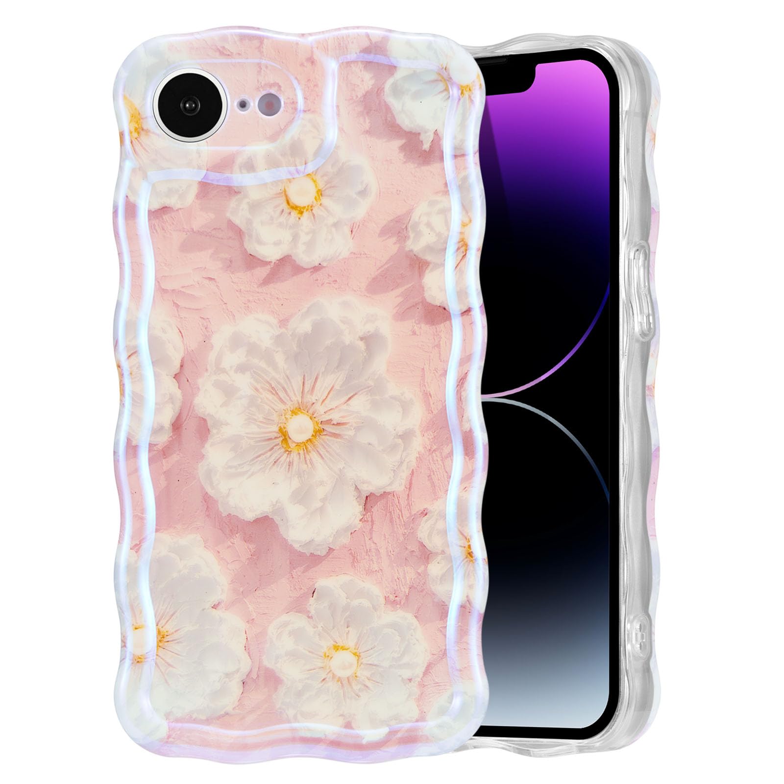 EYZUTAK Case for iPhone 15, Colorful Retro Oil Painting Flower Laser Beam Glossy Pattern Cute Curly Waves Border Exquisite Phone Cover Stylish Durable Soft TPU Protective Case for Girls Women - Green — view 64