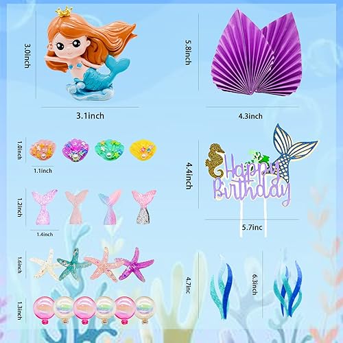 Miniatura 2 de Lukinuo Decoración para tartas de sirena, 24 piezas, figura de sirenita bajo el mar, decoración para tartas de algas, hojas de palma, estrellas de