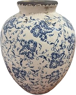 Vintage Blue and White Floral Ceramic Vase – Round Pottery Terracotta Ja...