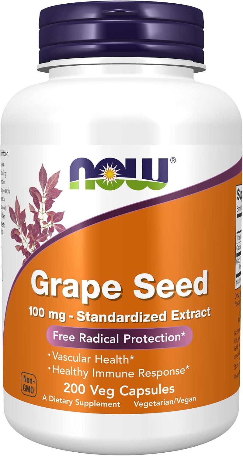 NOW Supplements, Grape Seed 100 mg - Standardized Extract, Highly Concentrated Extract with a Minimum of 90% Polyphenols, with Vitamin C, 200 Veg Capsules