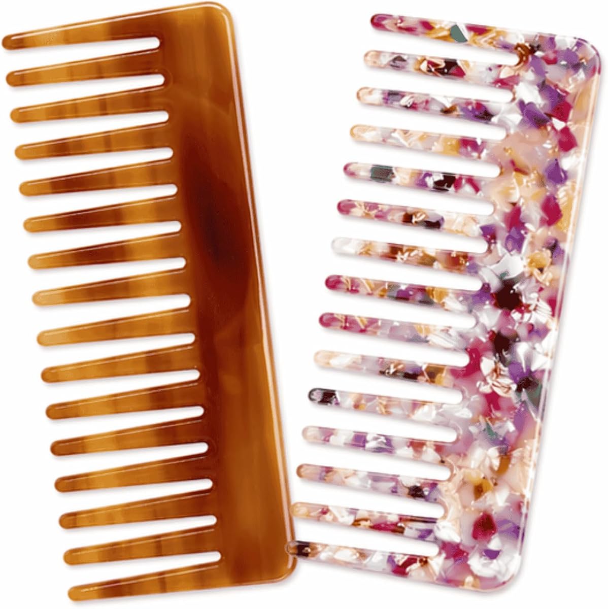 Detangling Comb Set, 2 Pack Large Cellulose Acetate Wide Tooth Hair Comb for Wet Dry Use, Anti Static, for Thick Curly Wavy Hair, Smooth Durable (Flower, Coffee)