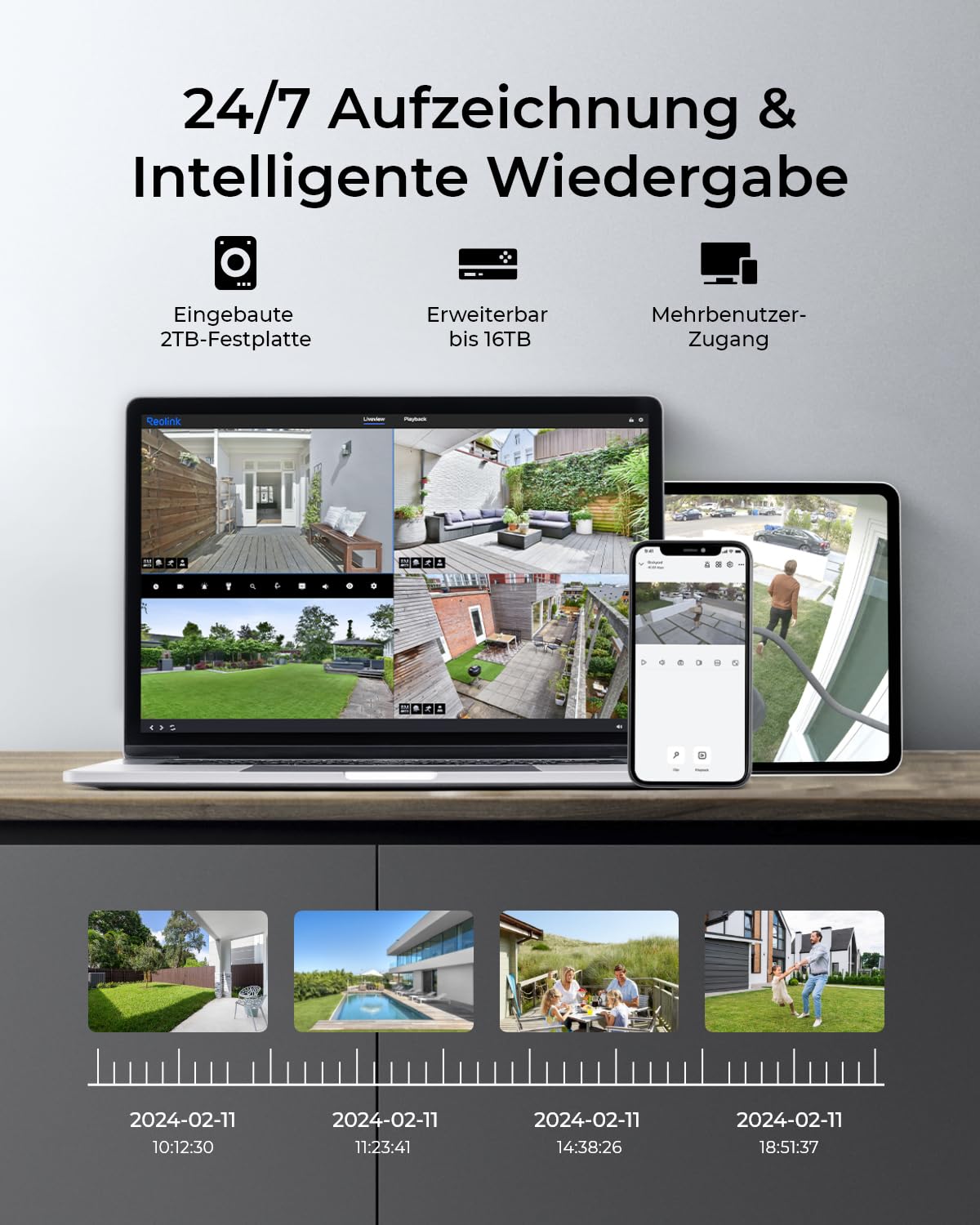 Reolink 4K PoE Überwachungskamera Set Aussen, 355° Schwenken, 50° Neigen, Auto-Tracking, Person-/Fahrzeug-/Tiererkennung, mit 2TB HDD, 24/7 Aufzeichnung, 8-Kanal NVR, für Outdoor & Innen, RLK8-800PT4
