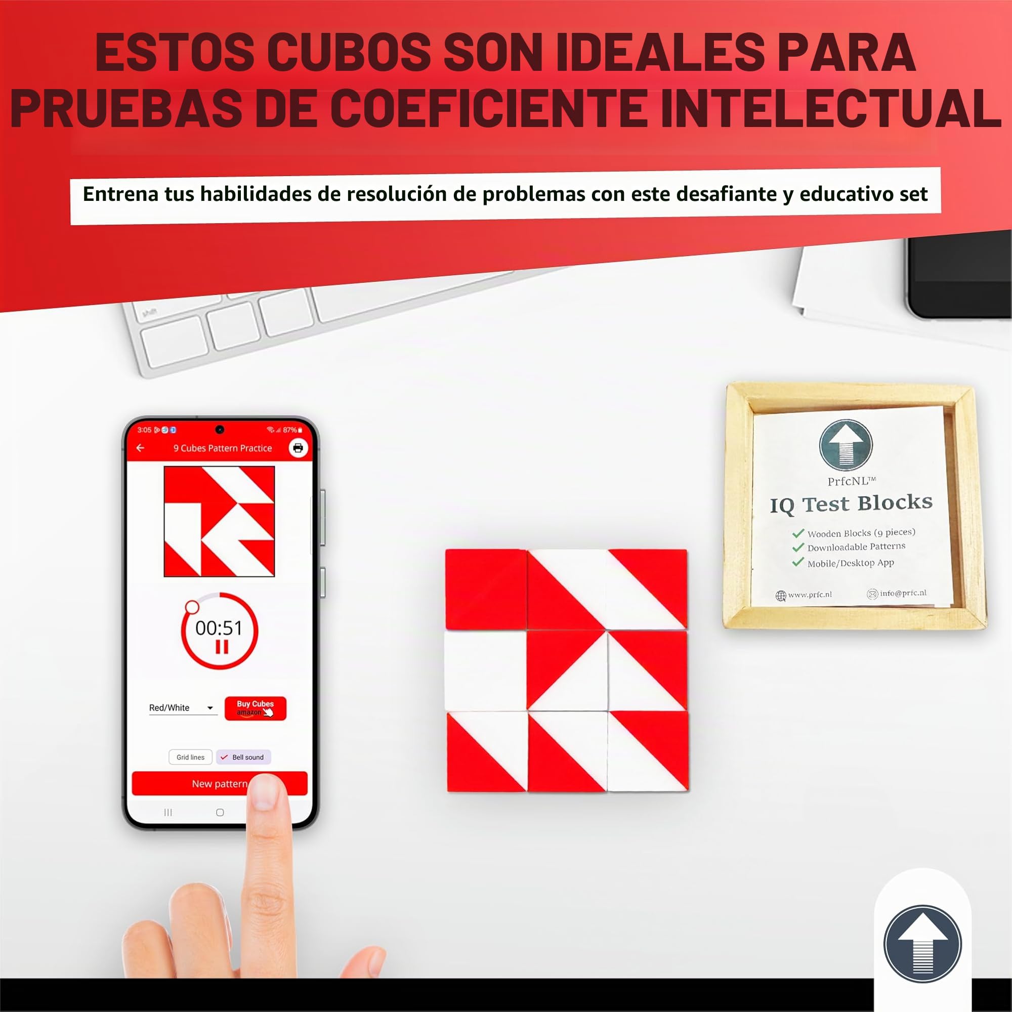 PrfcNL Rompecabezas de Cubo IQ de Madera, 9 Bloques cúbicos en Blanco y Rojo, 2.5 x 2.5 x 2.5 cm, con 60 diseños y aplicación