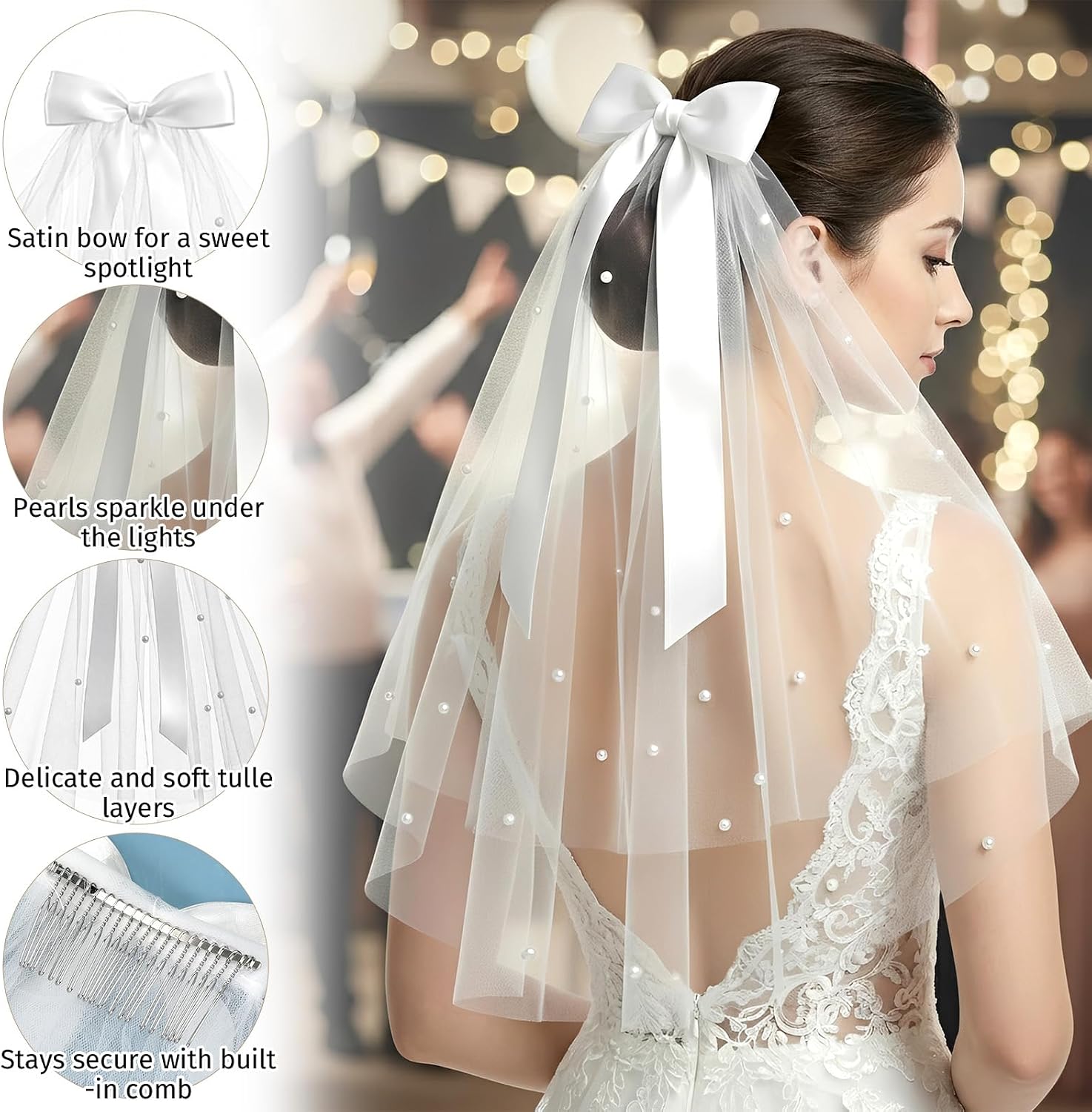 Tucnoeu Bride Veil, 22.4 Inch Short White Bachelorette Veil With Bow & Pearls - Elegant Tulle Comb Hold