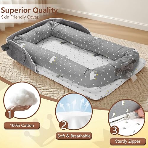 Miniatura 2 de Tumbona para bebés de recién nacidos a niños pequeños de 0 a 24 meses, tumbona portátil con algodón transpirable, tamaño ajustable y correa de viaje