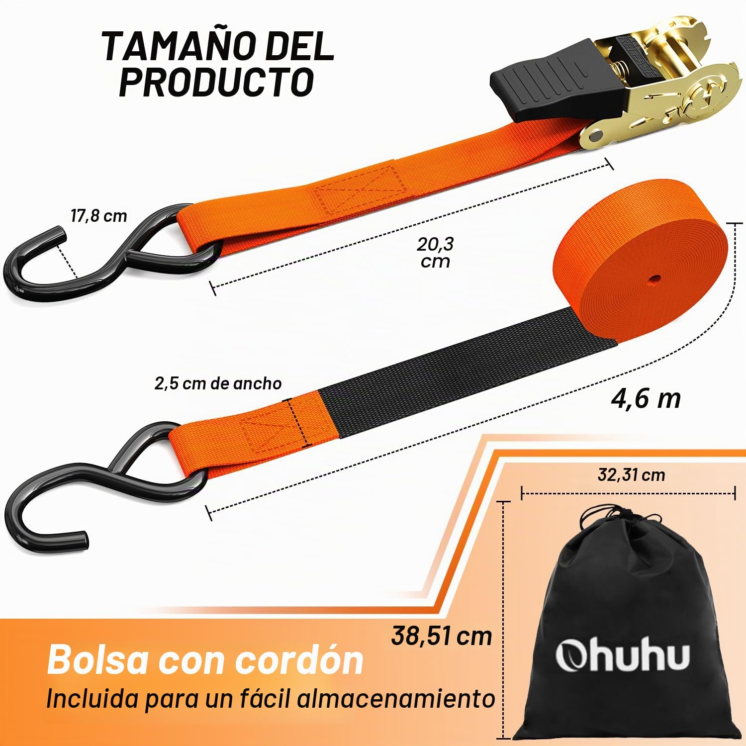Correa para trinquete Paquete de 8, Ohuhu 4,6m Correas de tensión con trinquete cinchas de Amarre 680 kg al Rompimiento, Set de Correas de Amarre con Tensor de Trinquete con Ganchos de Acero (Naranja)