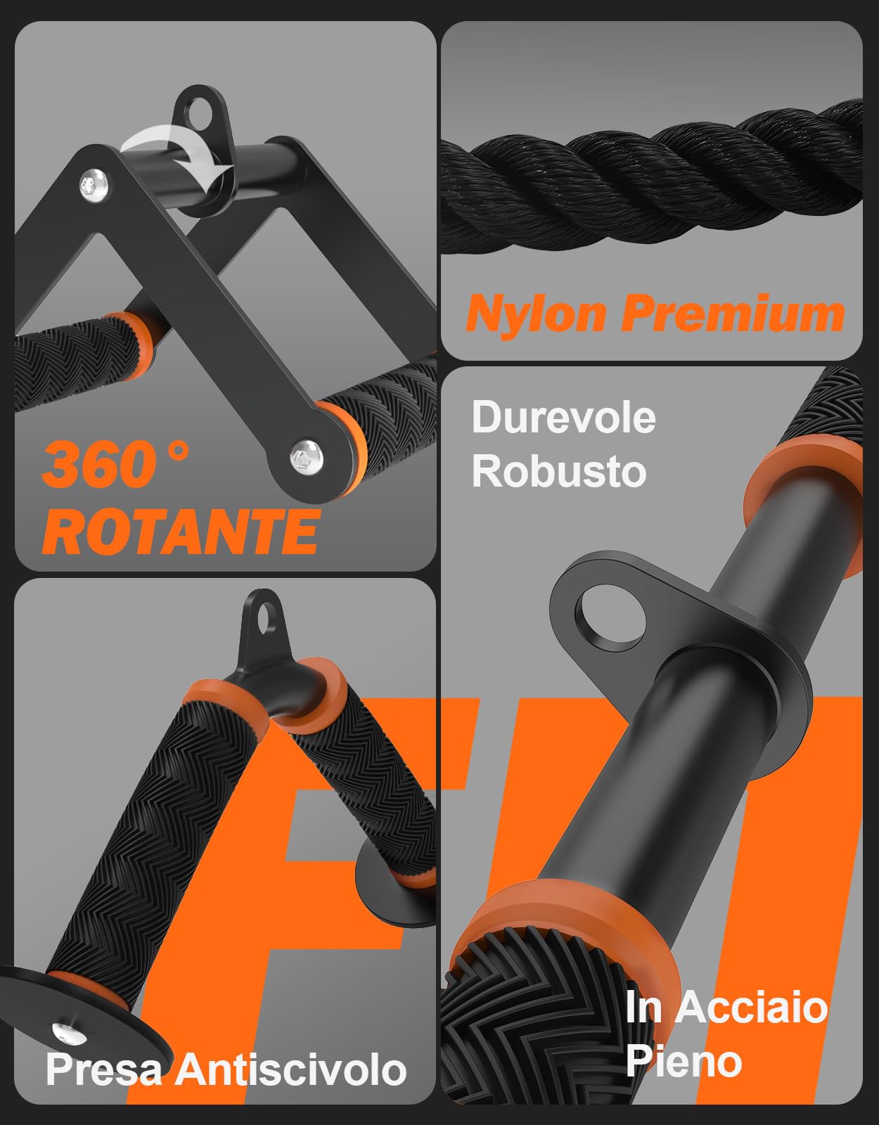 Fitarc Set Accessori Lat Machine 4 Pezzi, Accessori Palestra per Cavi, Impugnature Antiscivolo, per Allenamento Schiena, Bicipiti e Tricipiti, Uso Casa e Palestra, Arancione