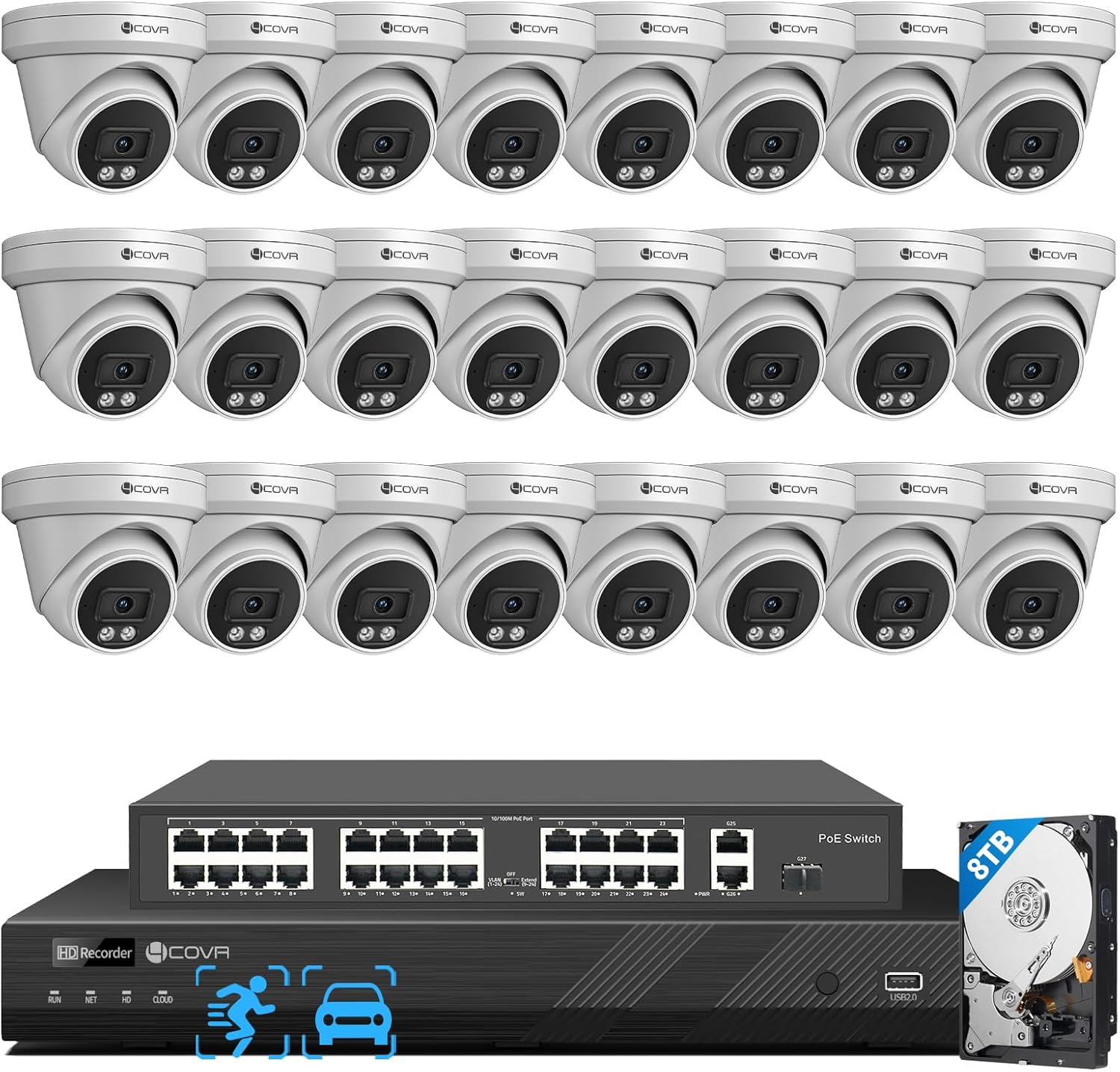 4COVR 4K 32 Channel Security Camera System PoE & AI Person Vehicle Detection, 24Pcs 8MP 110° Wide View Angle Dome IP Camera IP67, 4K UHD NVR 8TB HDD, Business Surveillance Outdoor, LY97SA8M3224