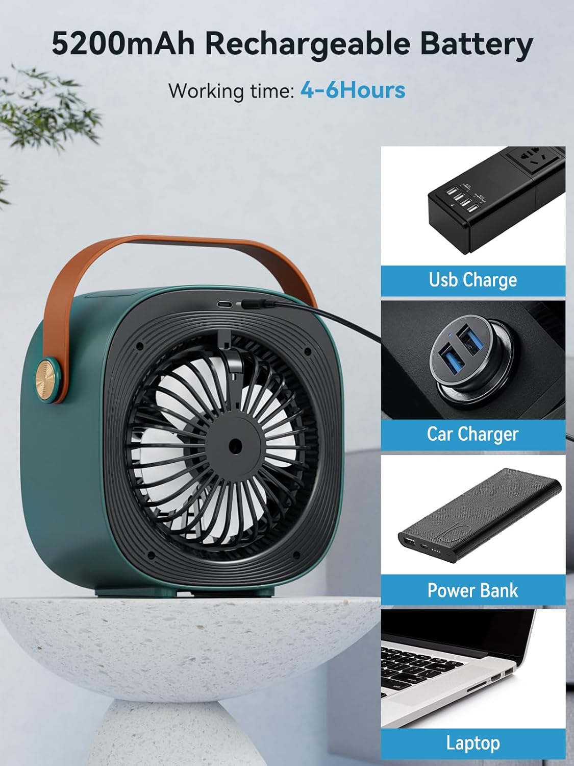 Portable Air Conditioner -5200mAh Rechargeable Mini Air Conditioner with 3 Speed Settings, 5-10 Hours Runtime,Quiet Desk Cooling Fan, Personal Air Cooler for Home, Bedroom, Travel, Office, Outdoor