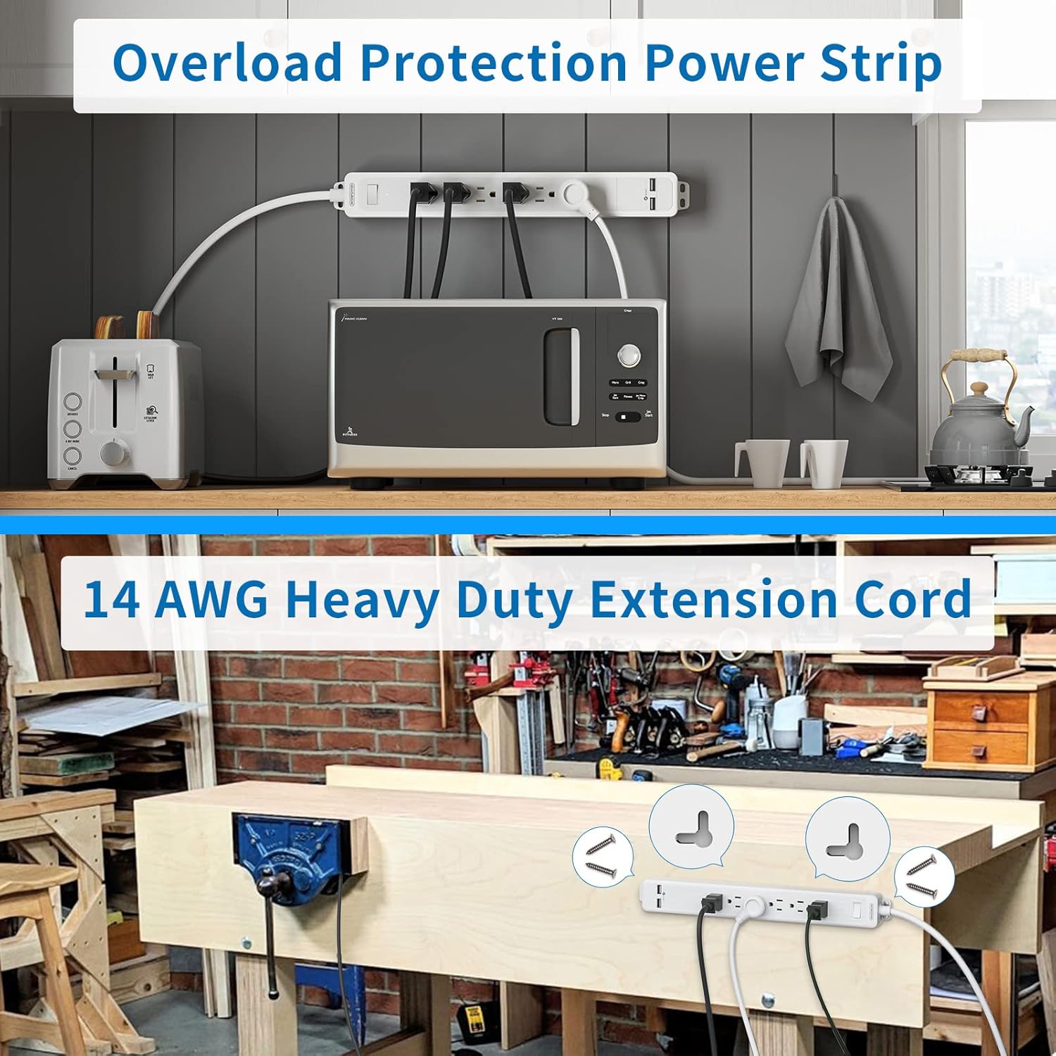 NTONPOWER 6 Outlets Surge Protector Power Strip with 10ft Extension Cord, 1875W Flat Plug Power Strip with 2 USB, 15A Circuit Breaker, Wall Mount for Home Office Theater Workshop, White, 1080 Joules