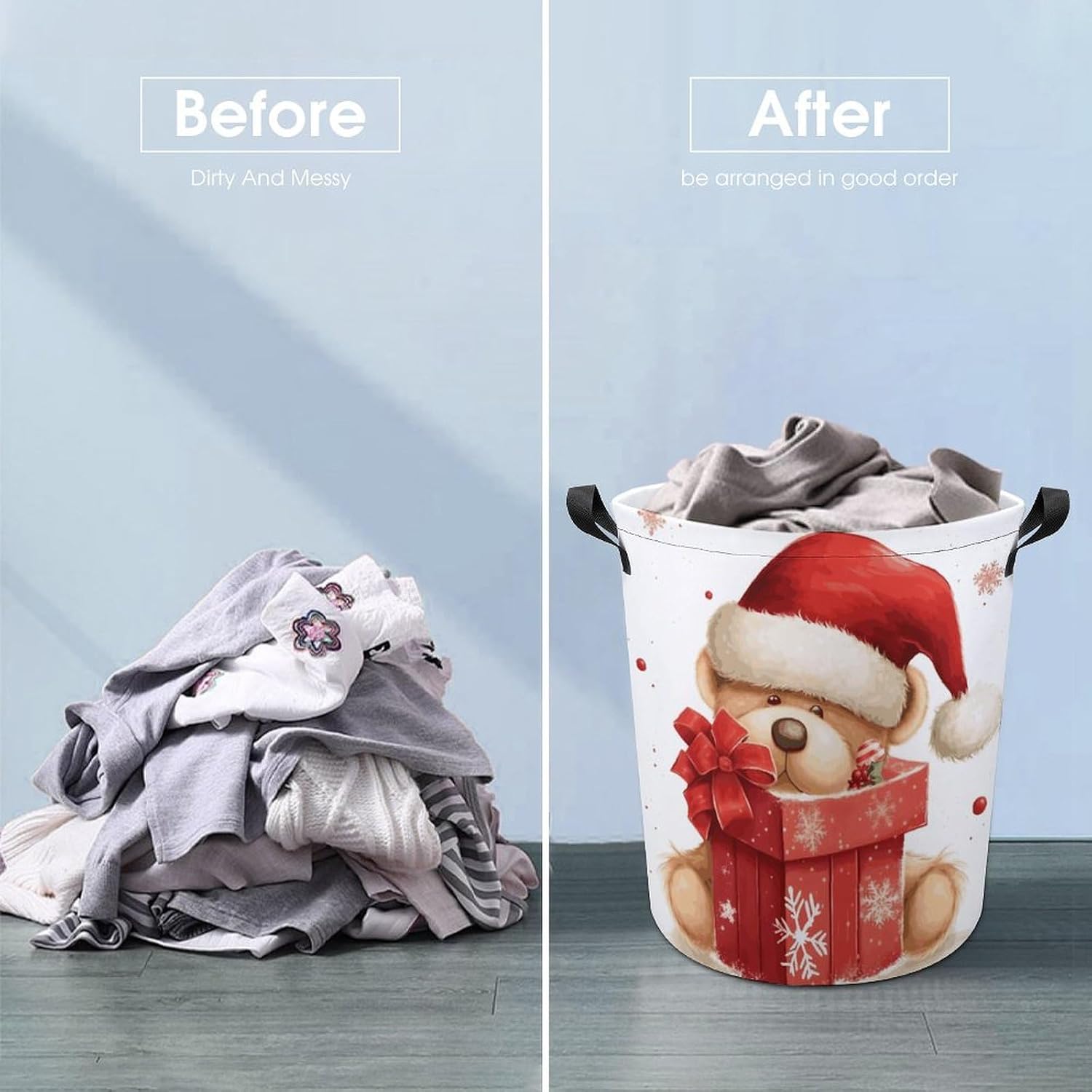 Santa Hat Gift And Merry Christmas Large Foldable Laundry Basket Waterproof Lightweight Laundry Hamper Storage Bin Clothes Toys Organizer Bag with Handles for Home Bathroom Bedroom Dorm