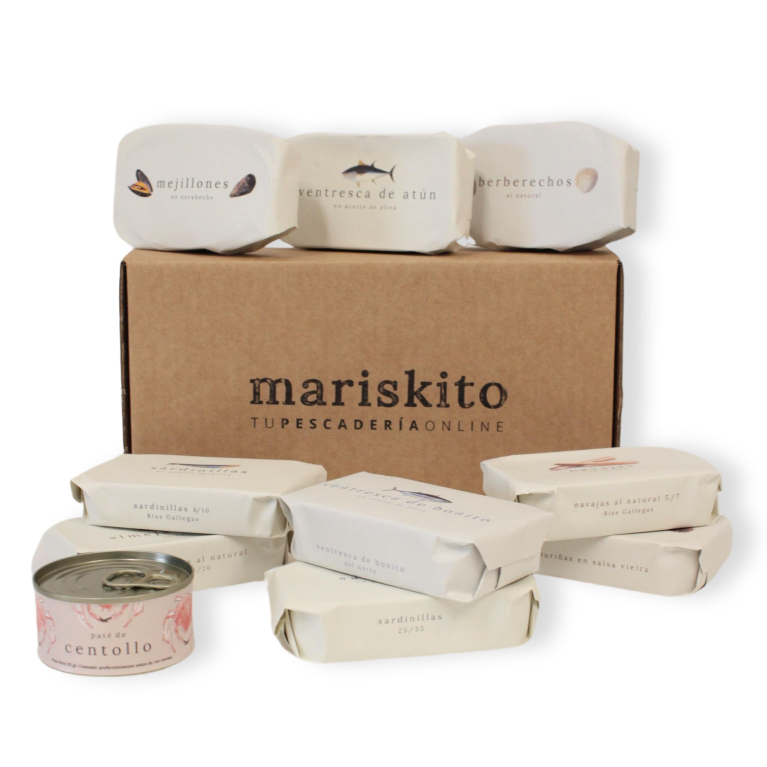 MARISKITO | Paket La Mar de Gallego - 10 Gourmetkonserven - Dosen mit Galicischen Konserven - Geschenkkorb - Delikatessen-Produktset
