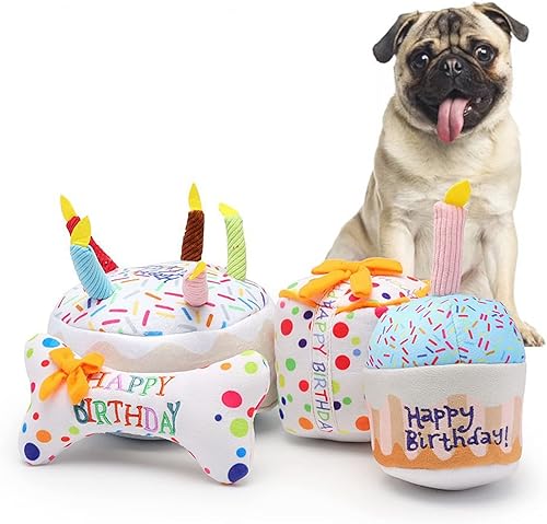 Miniatura 4 de Juguetes para perros y gatos pastel de feliz cumpleaños juguete para mascotas acogedor peluche de algodón masticable velas coloridas para mascotas