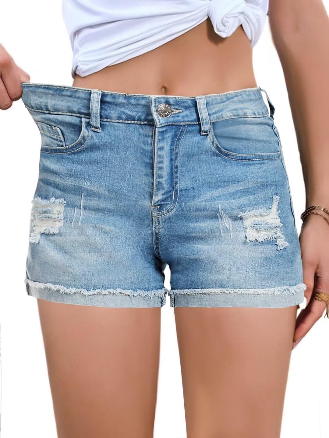 FEKOAFE 2025 Womens Casual Mid/High Waisted Denim Shorts Summer Stretchy Ripped Jean Shorts for Women