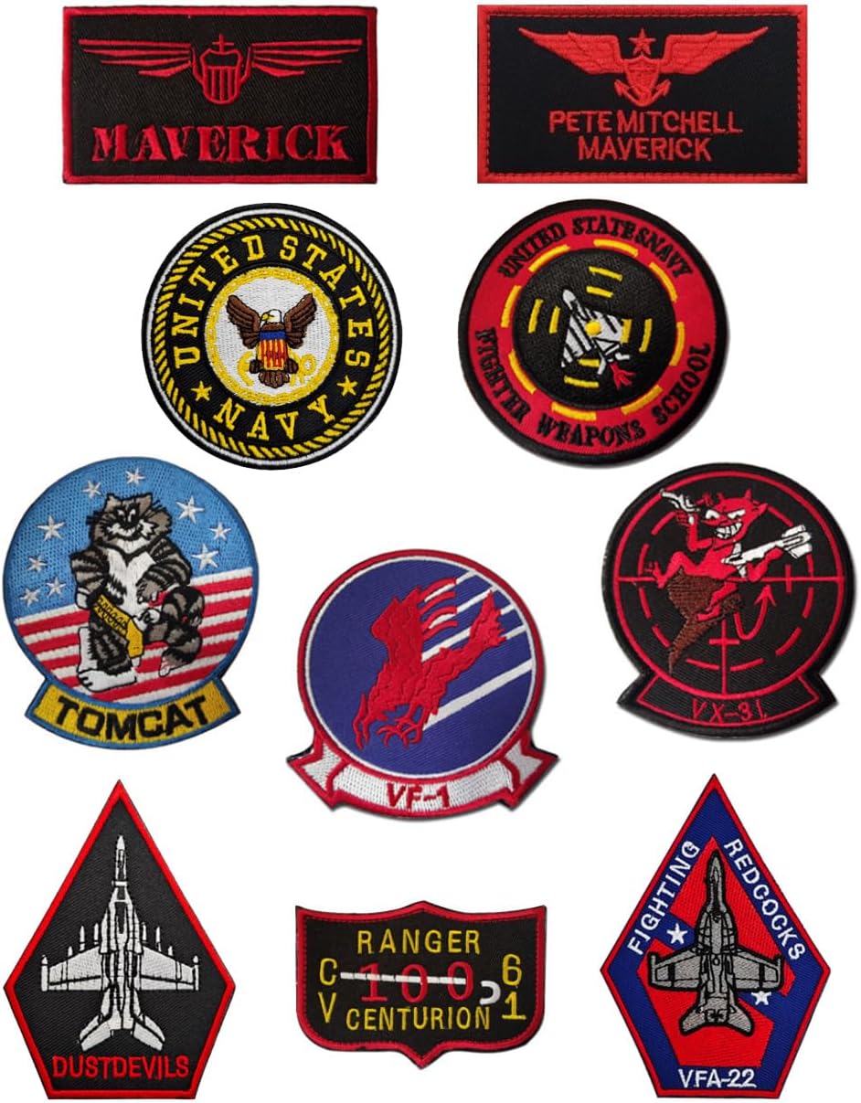 Zcketo Pack of 10 Compatible with Top Gun Pilots of the Air Force Patch With Hook Loop Fastener - Airsoft Bracelet, Decorative Appliqué for Backpack, Jacket, Vest, Bag, Uniform, Dogs