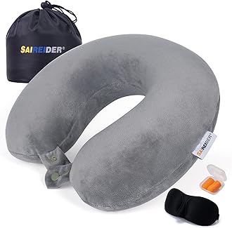 SAIREIDER Travel Pillow 100% Memory Foam Neck Pillow For Airplanes Flight Rest Best Adjustable Travel Neck Support Pillows Medium Comfort Gary