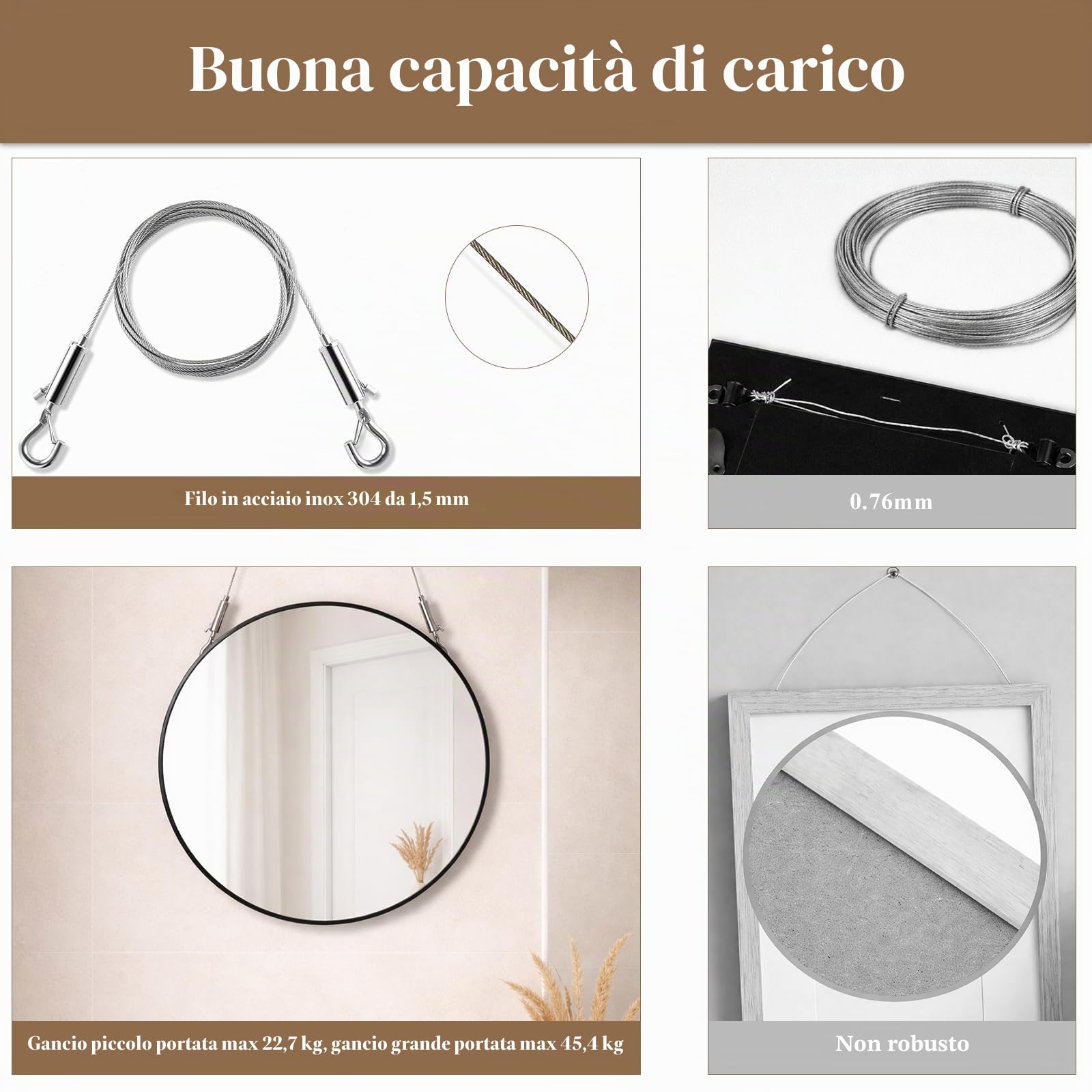 Kit Filo per Appendere Quadri, 2 Pezzi Cavo Regolabile 2m x 1mm, Ganci, Anelli a D, Viti, Corda Acciaio Inossidabile