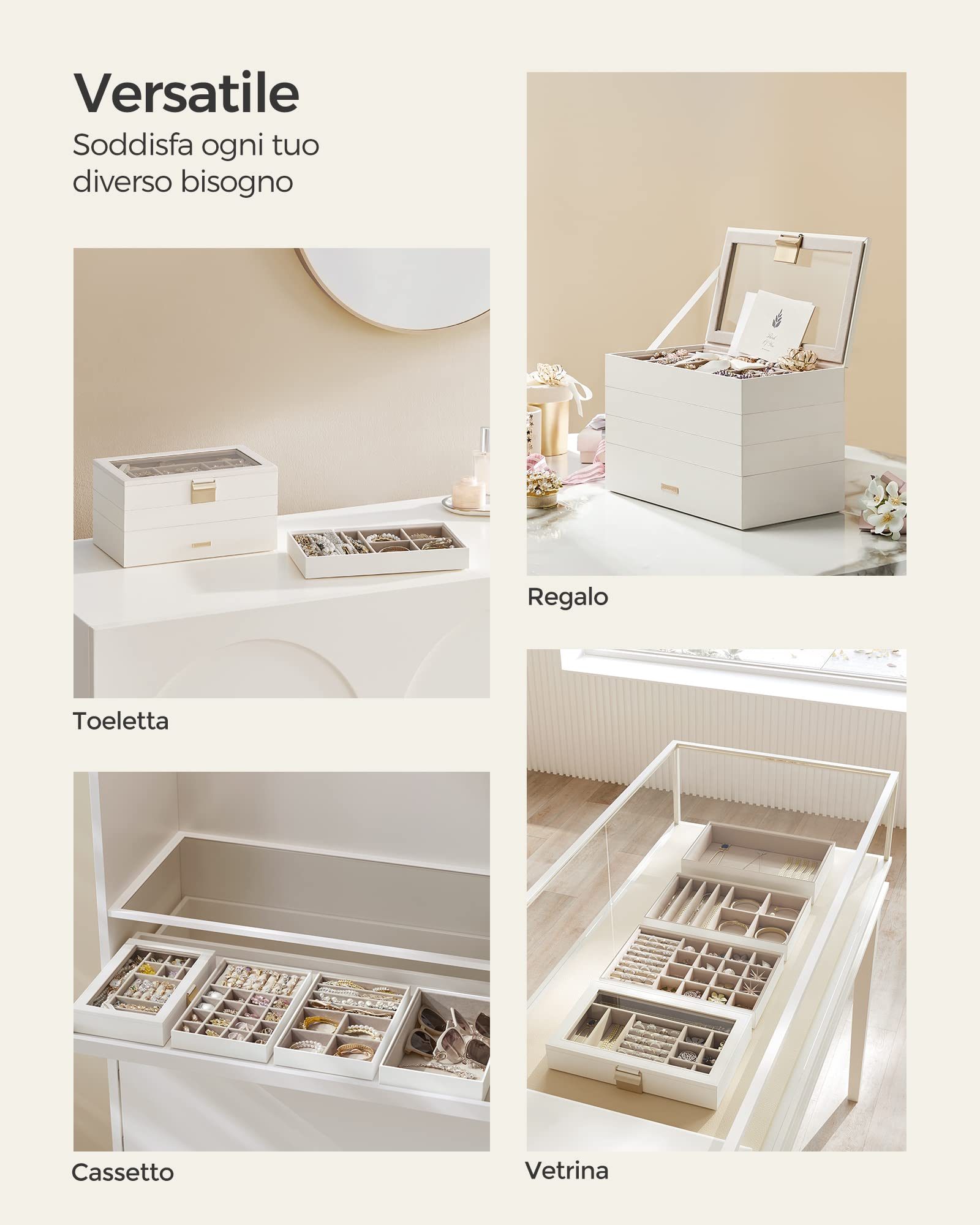 SONGMICS GISELLA Collezione - Scatola Portagioie con 4 Vassoi Impilabili, Porta Gioielli Capiente, Coperchio in Vetro, per Toeletta, Idea Regalo, Bianco Nuvola, 17 x 28 x 18,3 cm JBC164W01