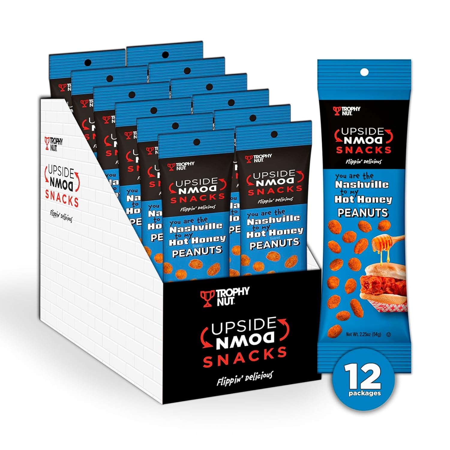 Trophy Nut Upside Down Snacks Nashville Hot Honey Flavored Spicy Peanuts Individual Packs Gourmet Peanuts High Protein Peanut Snack 2.25 oz (Pack of 12)