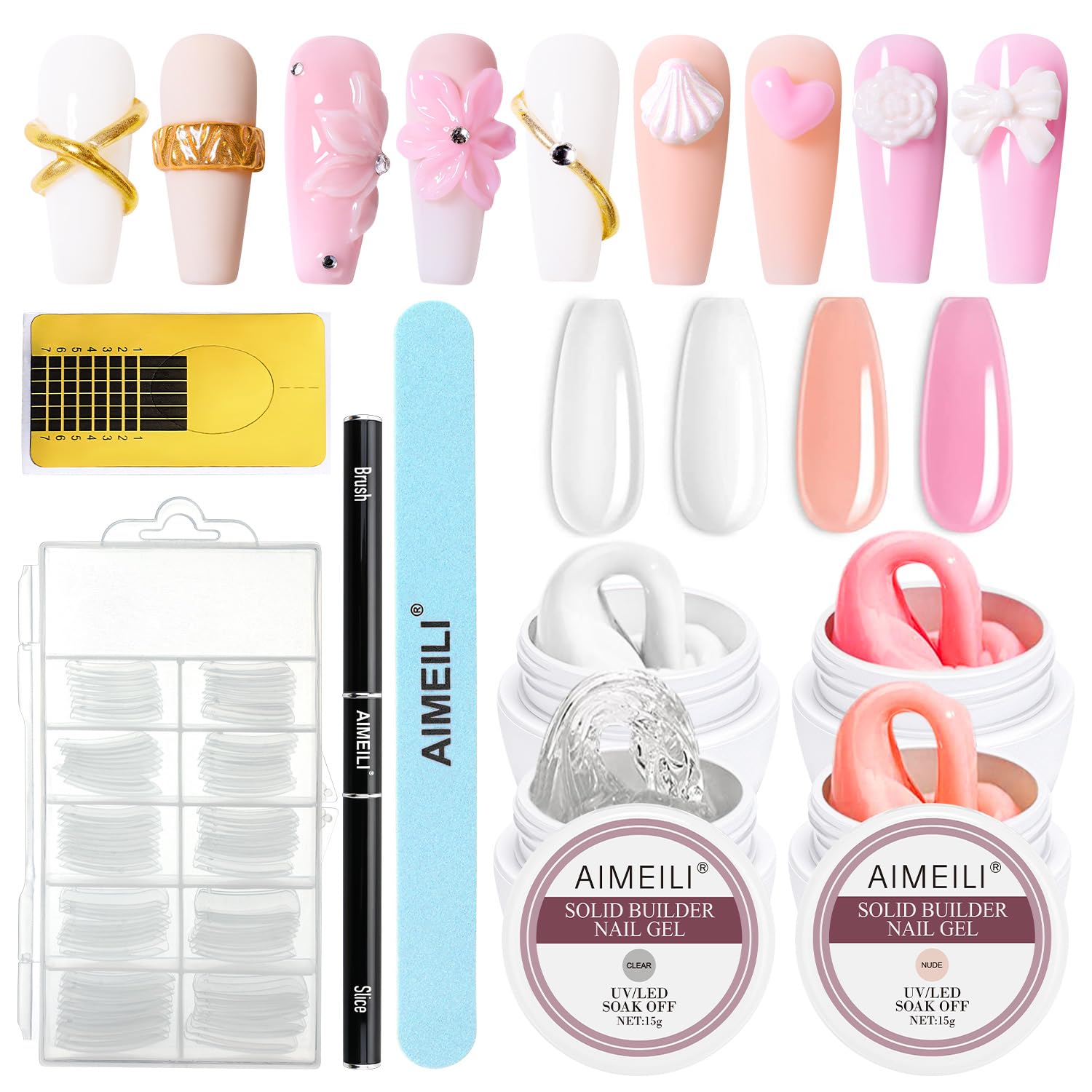 Solid Nail Extension Builder Gel Set with Nail Tool Kit, Non Sticky Hard Gel Clear Pink Rude White UV LED for Nails, Rhinestones Glue Gel for Nail Art Salon Home Use (4 Colors, 15g)