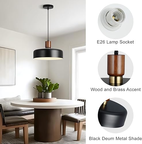 Miniatura 3 de Lámpara colgante industrial, lámpara colgante de cúpula de madera de goma con pantalla de metal martillado de 15.8 pulgadas, lámparas modernas