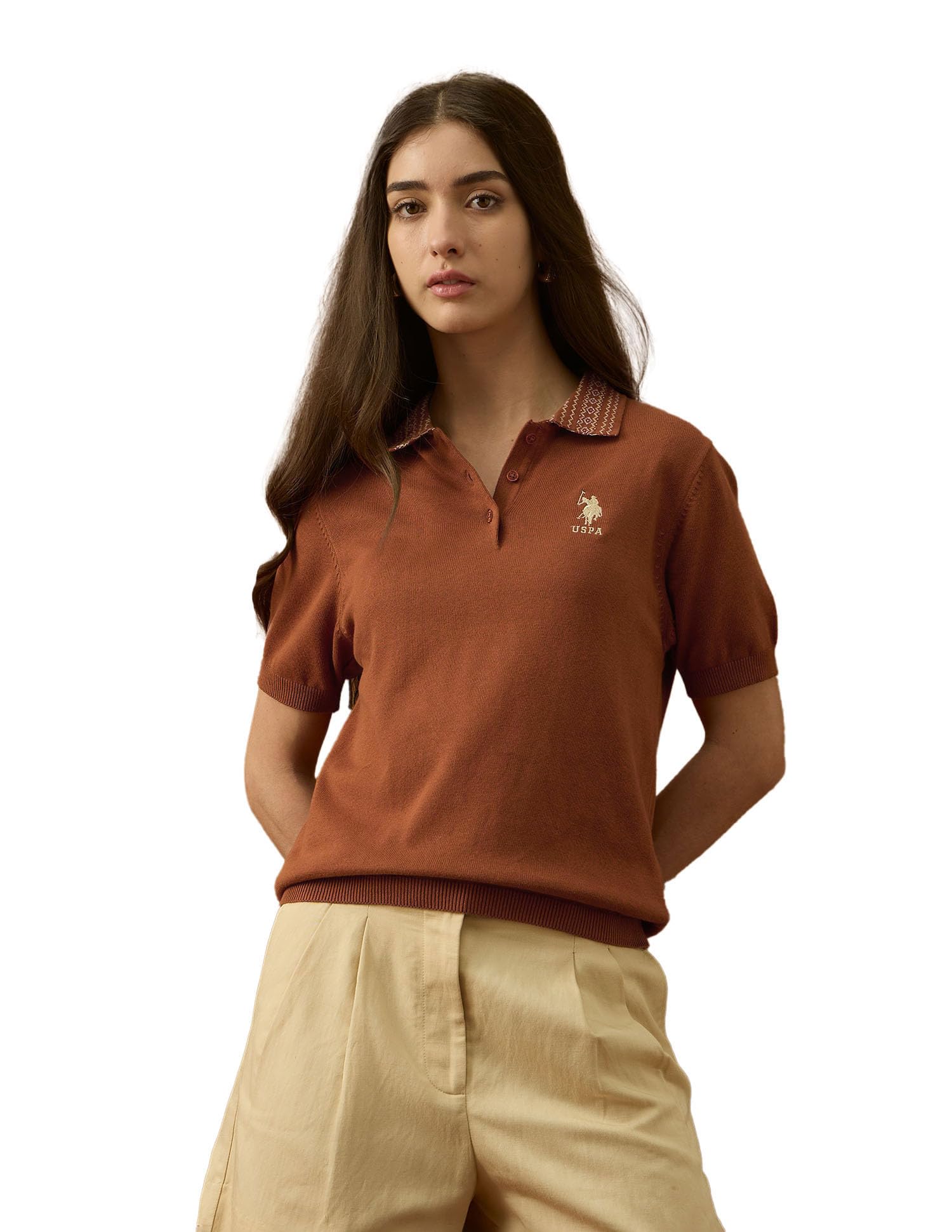 Women Jacquard Collar Polo Shirt (UWAW25PTS359_Rust_XXL)-image-2