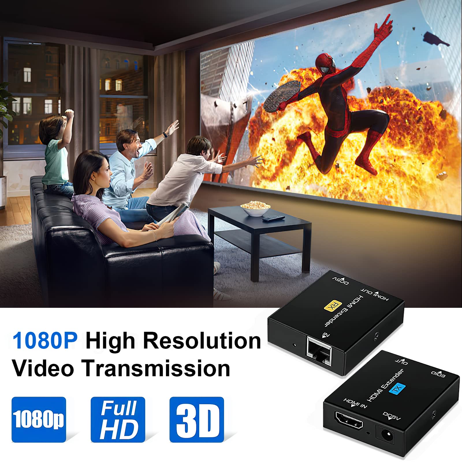 Ozvavzk HDMI Extender 200ft Over Cat5e/6/7 Ethernet Trasmettitore HDMI Ricevitore Supporto 1080p 3D HDCP EDID POC (Solo bisogno di alimentazione TX per lavoro)
