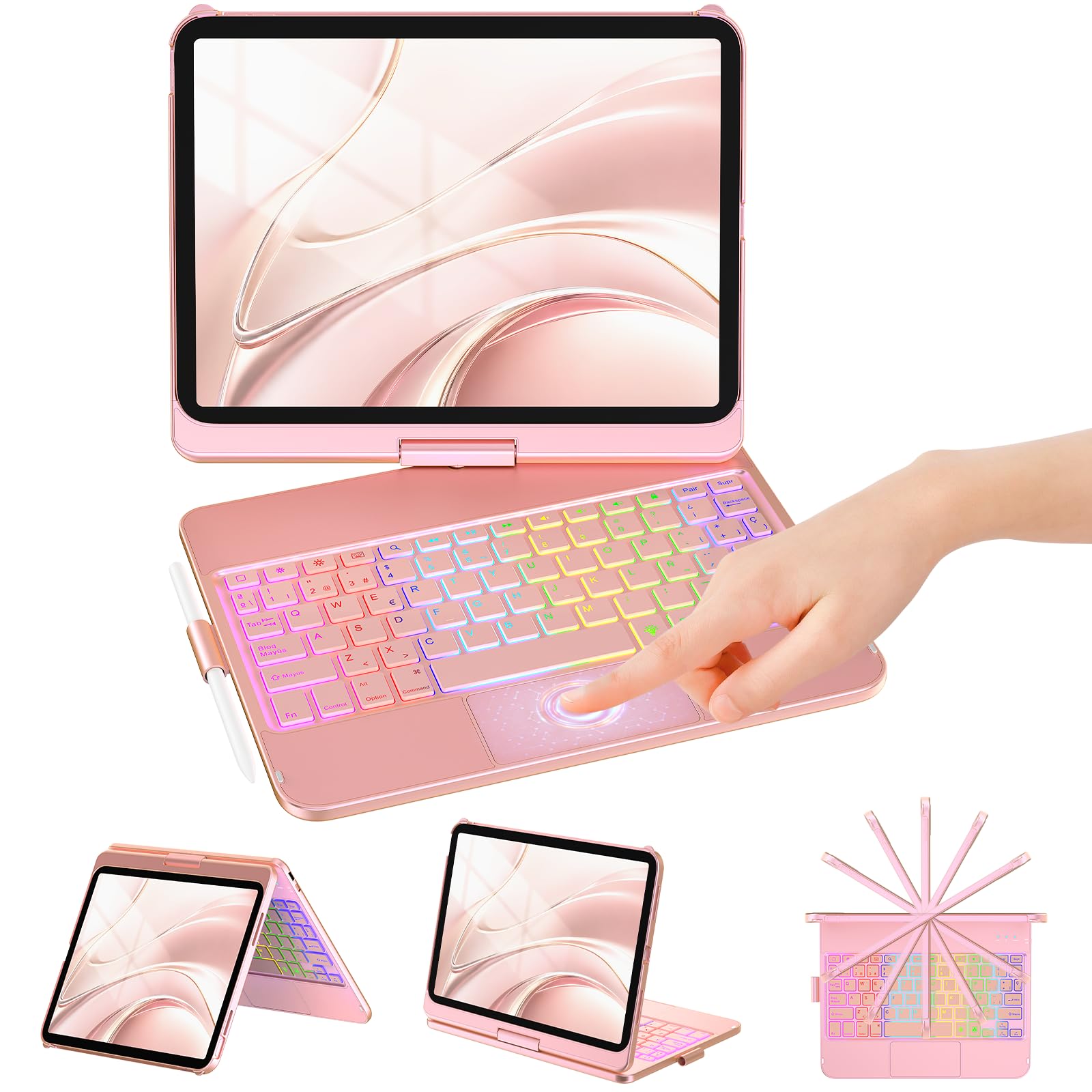 KBCASE Funda con Teclado para iPad A16 11.ª Generación 2025/10.ª Gen 2022 | 11/10,9 Pulgadas QWERTY Español Ñ, Trackpad de Precisión, 360° Rotación, Retroiluminado de 7 Colores para iPad 11/10 Gen
