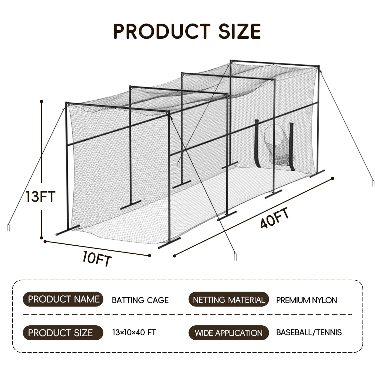 MR 40FT Batting Cage, Baseball Softball Hitting Cage Net and Frame, Heavy Duty Baseball Softball Training Equipment, Framed Batting Cage Complete Package for Hitting and Pitching Practice, Black