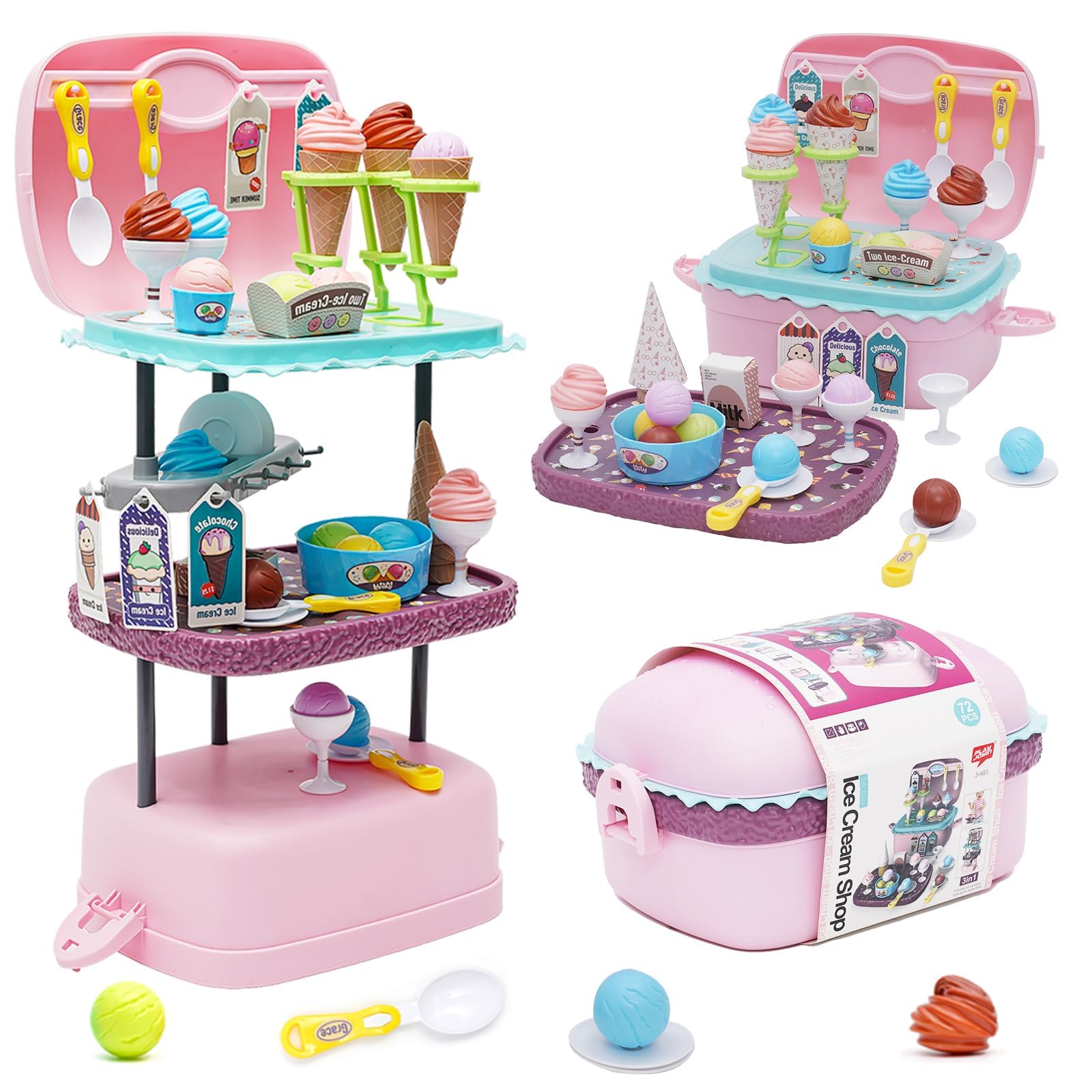 3-in-1 Eisverkauf Spielset, 72 Stück Spielküche Zubehör Spielzeug Kinder Eismaschine Spielzeug, Küchen Spielzeug mit Aufbewahrung , Rollenspiel Essen Geschenk Kinder 3 4 5 6 7 8 Jahre Spielzeug
