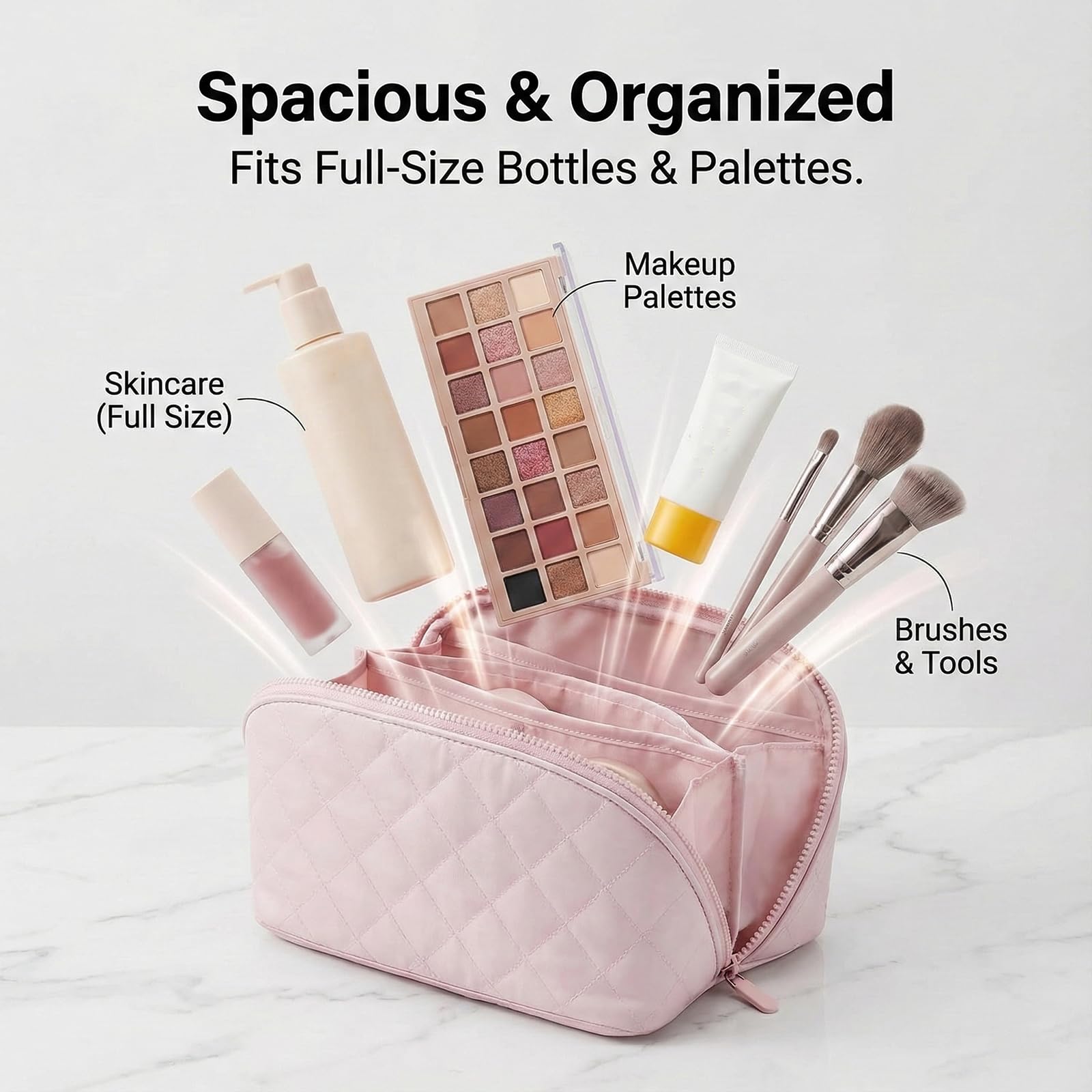 Bolsa de maquillaje de viaje y organizador de neceser, bolsa de cosméticos plana de gran apertura para mujeres de viaje y uso diario, diseño protector acolchado hinchado con compartimentos, gran