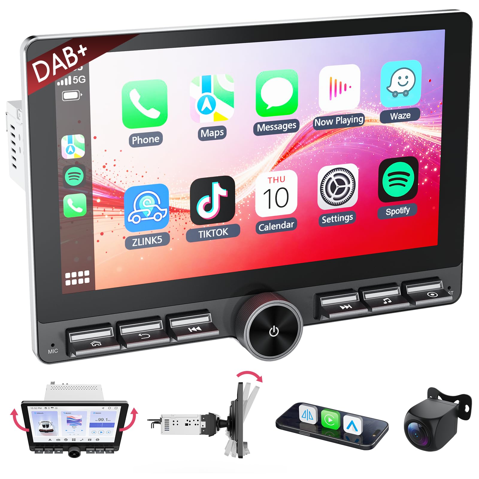 Haudio Dab Radio Coche 1 DIN con CarPlay Inalámbrico y Android Auto,Pantalla Táctil de 10.1 Pulgadas,soporta Manos Libres/FM|Am/Dab/AUX con 1080P Cámara de Respaldo
