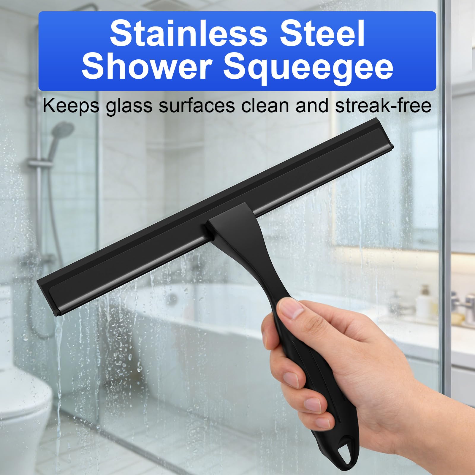 25 Cm Tergivetro per Doccia In Acciaio Inossidabile, Tira Acqua da Doccia + 2 Ganci Autoadesivi & 3 Labbra Silicone, Antiscivolo & Maneggevole, Tiraacqua Vetri Doccia Raccogli, Per Bagno, Nero