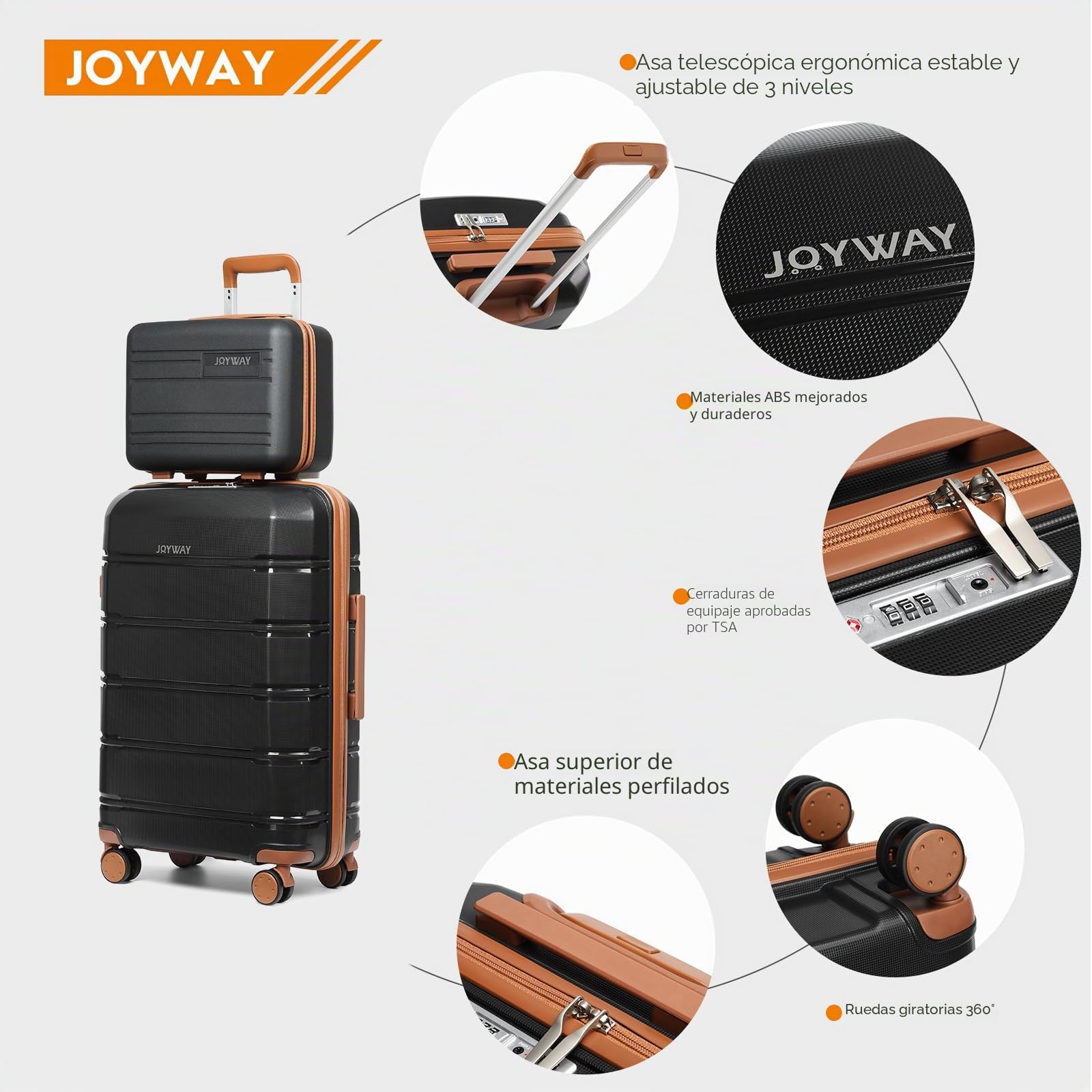 Joyway Juego de Maletas 3 Piezas, Maleta de Cabina 20'' Rígida ABS+PP, Ultraligera con Ruedas Multiángulo Spinner, Cerradura TSA, Incluye Neceser y Bandolera