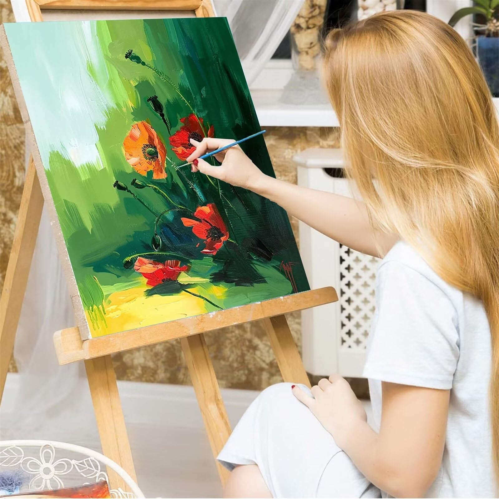 Dipingere con i Numeri Papavero Cornice di Legno Pittura su Tela per Adulti e Bambini con Colori Acrilici e spazzole (Pittura) 60x80cm (Con Scatola)