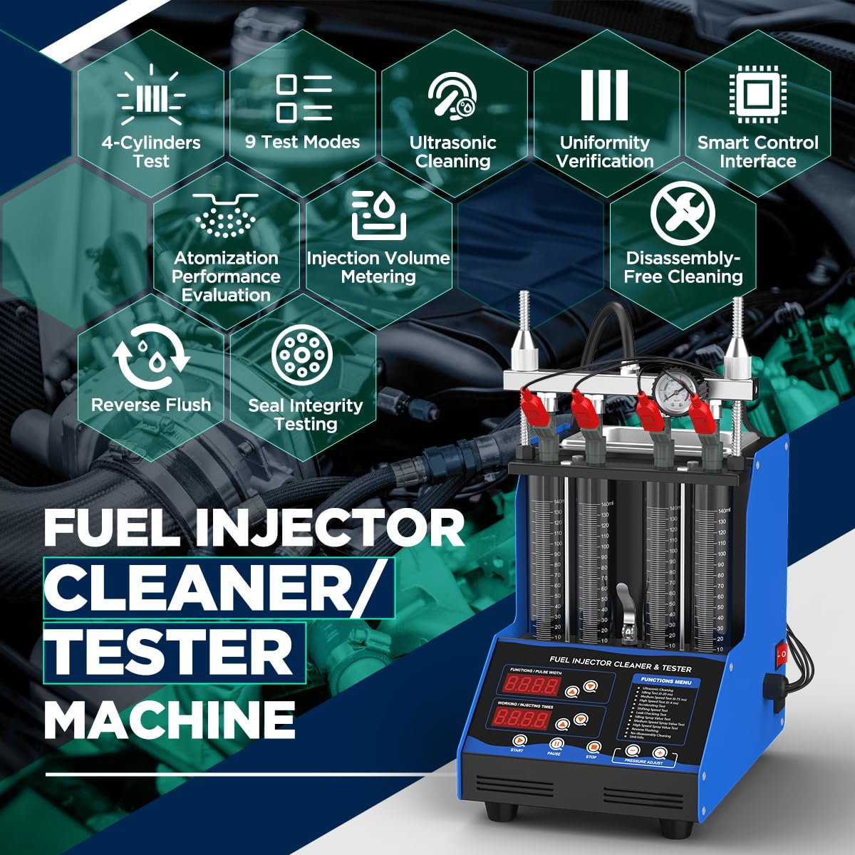 YUANRI Fuel Injector Cleaner Machine, 4 Cylinder 9 Test Modes Auto Fuel Injector Tester and Cleaner Kit, Ultrasonic Cleaning Kit for 5V to 12V Motorcycle Car Injectors