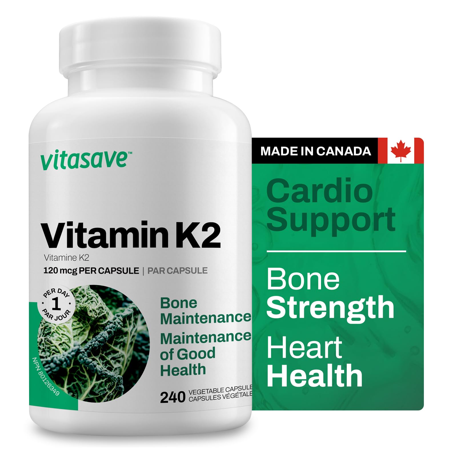 Vitasave Vitamin K2 120mcg 240 Vegetarian Capsules | Supplement with Premium MK-7 | Non-GMO Formula with Maximum Absorption | Supports Healthy Bone Maintenance | Made in Canada