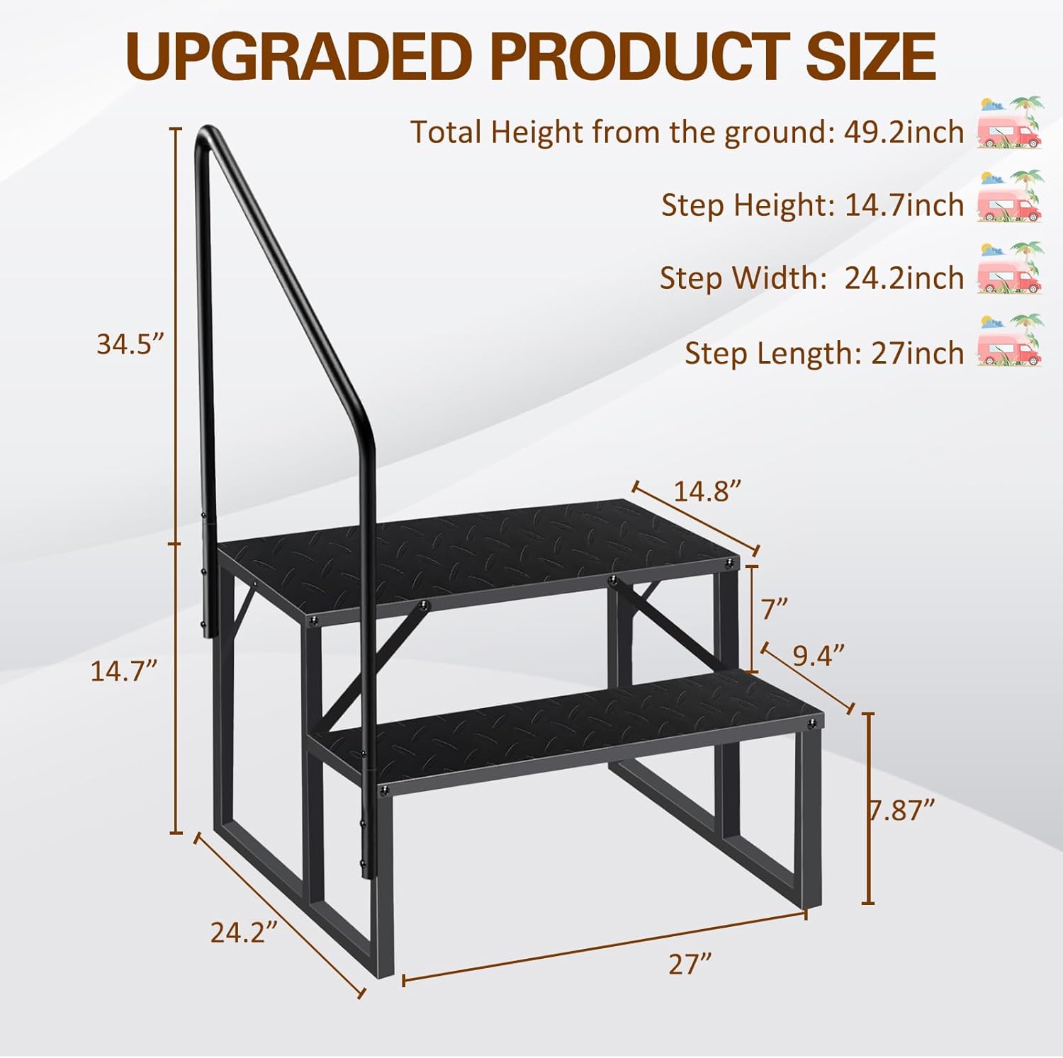 Hot Tub Steps with Handrail, 2 Step Ladder Pool Ladder Above Ground, Anti-Slip RV Stairs Steps for Hot Tub Camper Trailer Porch Swimming Pool