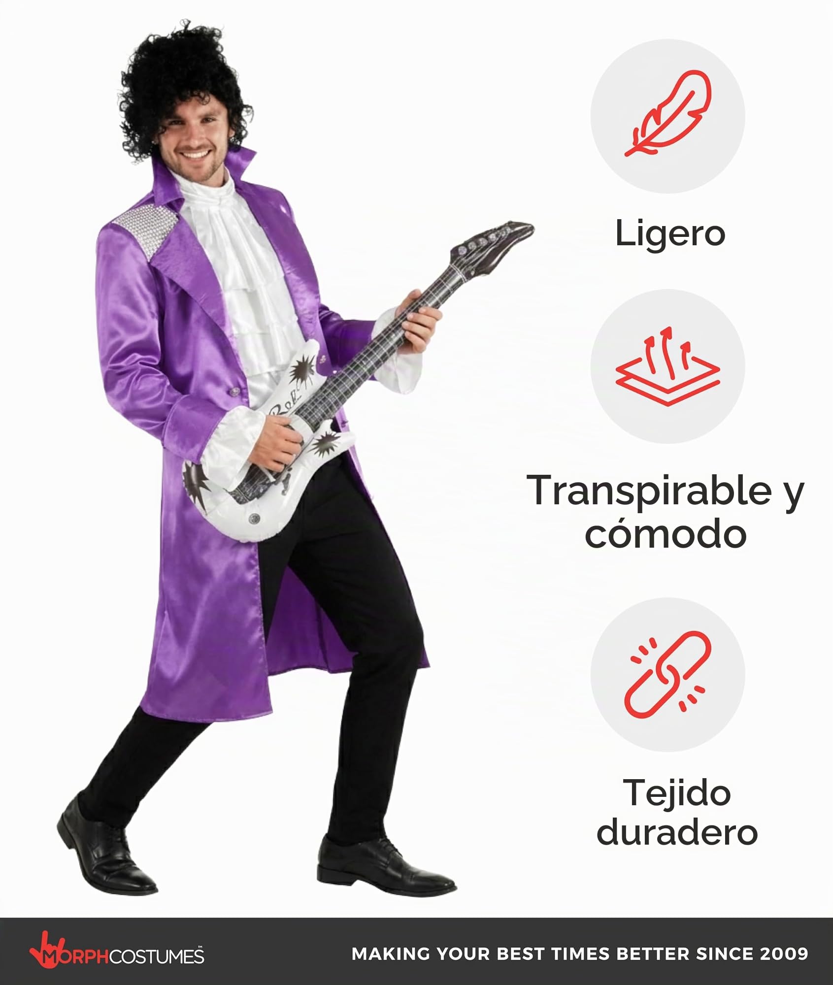 Morph Disfraz Estrella Pop Morado, Traje Músico Años 80 Hombre, Cosplay, Disfraz Carnaval y Halloween