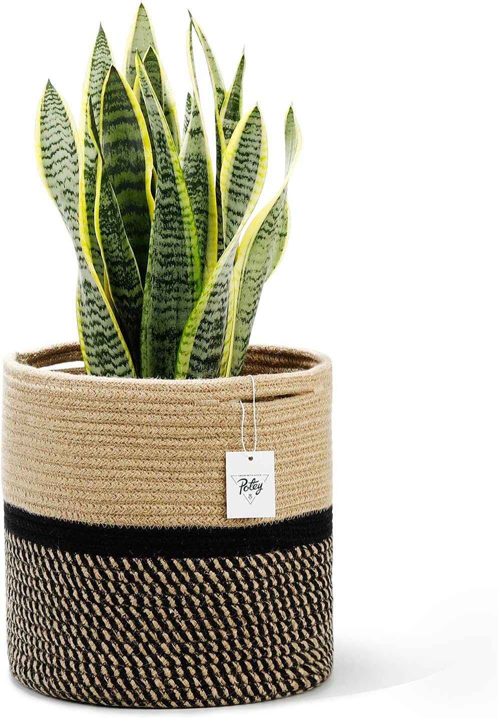POTEY 11x11 Inch Storage Basket Bin Organizer, Sturdy Indoor Floor Planter with Handle, Woven Baskets for up to 10" Flower Pot Plant, Flower, Black and Brown Stripes
