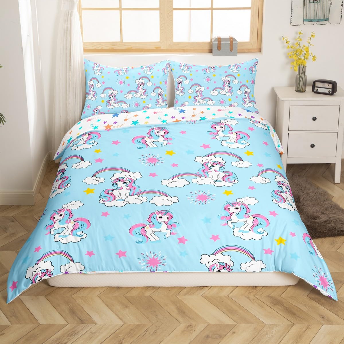 Homemissing Girl Unicorn Duvet Cover Set Double Size Princess Rainbow Bedding Set Floral Flower Kawaii Duvet Cover with 2 Pillowcases Rainbow Blue — image 1