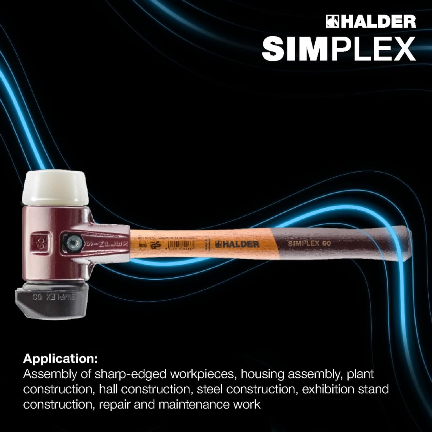 Halder Simplex Soft-Faced Mallet 3028.260 – Medium-Hard "Stand-Up" Rubber Insert, Hard Nylon Insert, Cast Iron Housing with Handle Protection Sleeve, Varnished Wooden Handle, 60mm, 3.4 lbs.