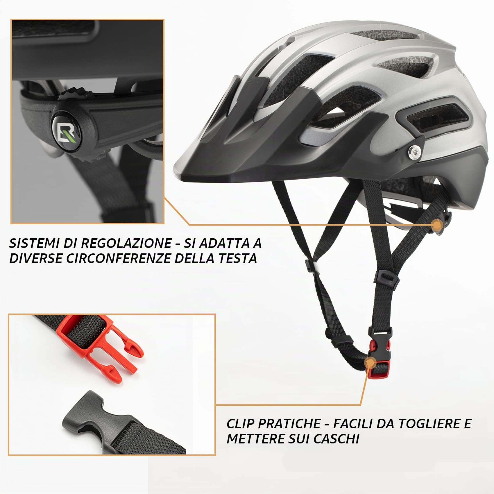 ROCKBROS Casco Bici con Visiera Staccabile Uomo Donna, Casco da Ciclismo per MTB Bicicletta, Leggero Traspirante, Protezione Certificato CE, Taglia Regolabile M(55-58cm)/L(58-61cm)