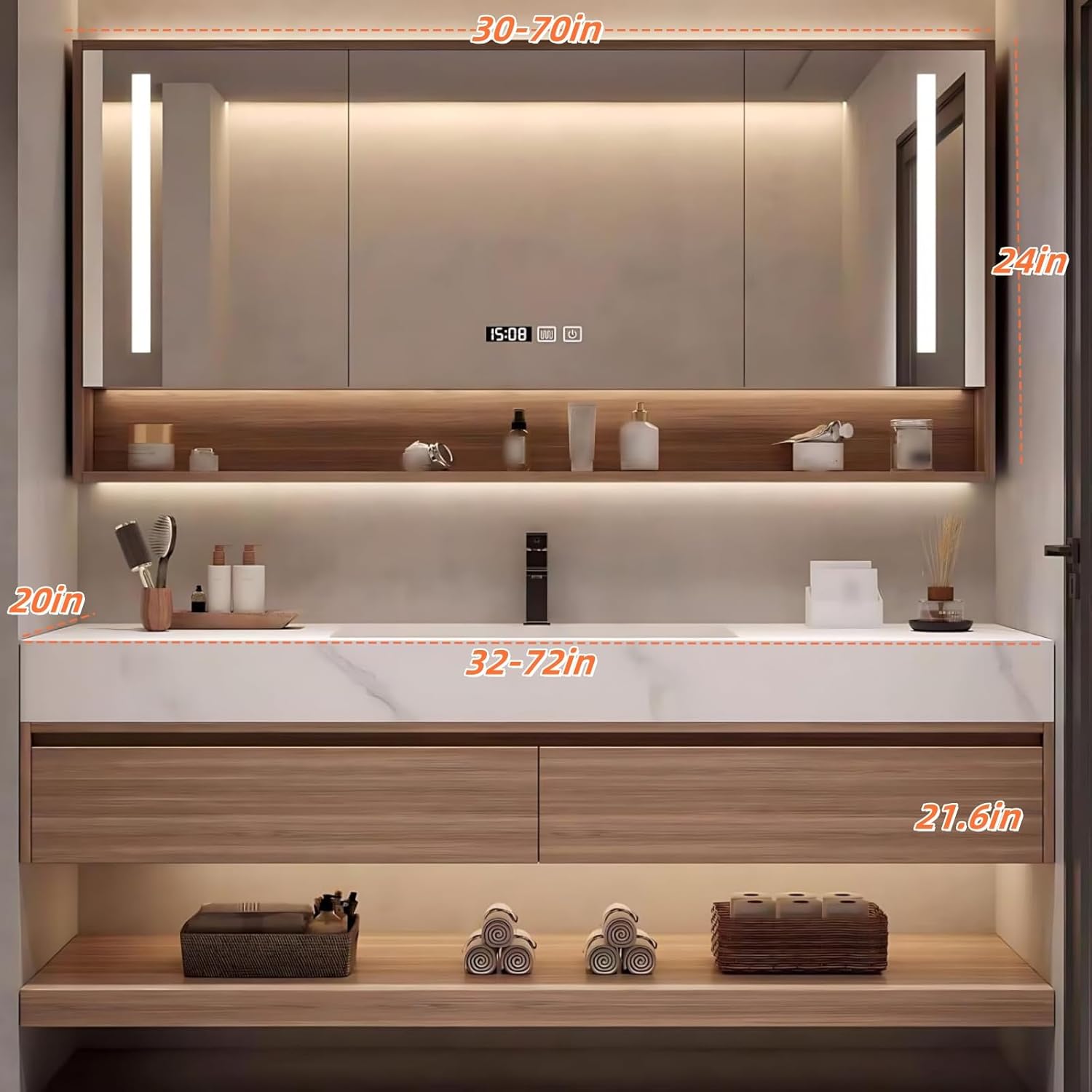 48IN Floating Solid Bathroom Vanity with Sink - LED Mirror with Defog & Multiple Style Options | Wood Bathroom Cabinet with Open Compartment & 2 Drawes, One-Piece Basin (StyleA)