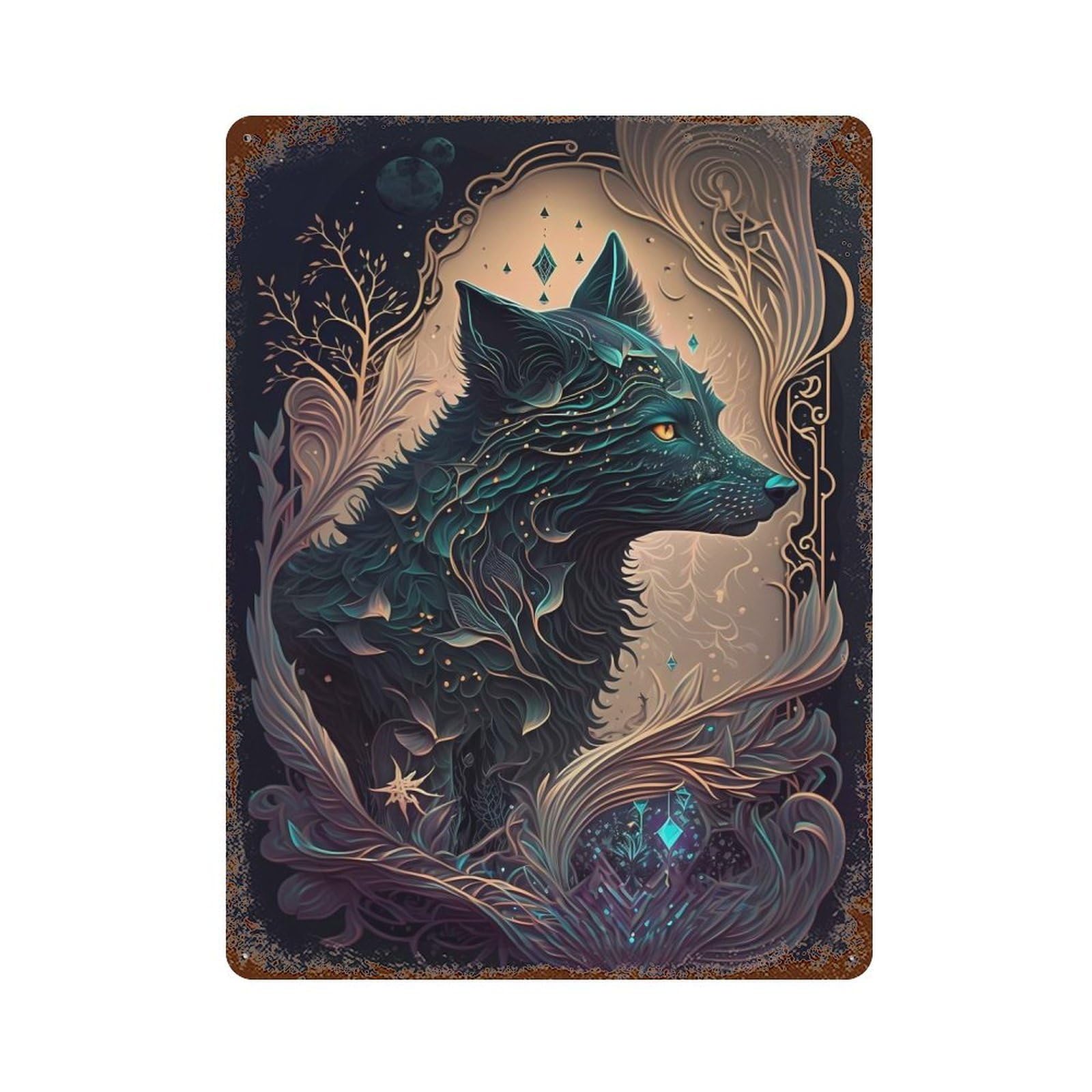 Fantasy World Wolf Retro Metal Sign 15.7"x11.8", Rustic Home Decor for Garage, Pub Or Kitchen