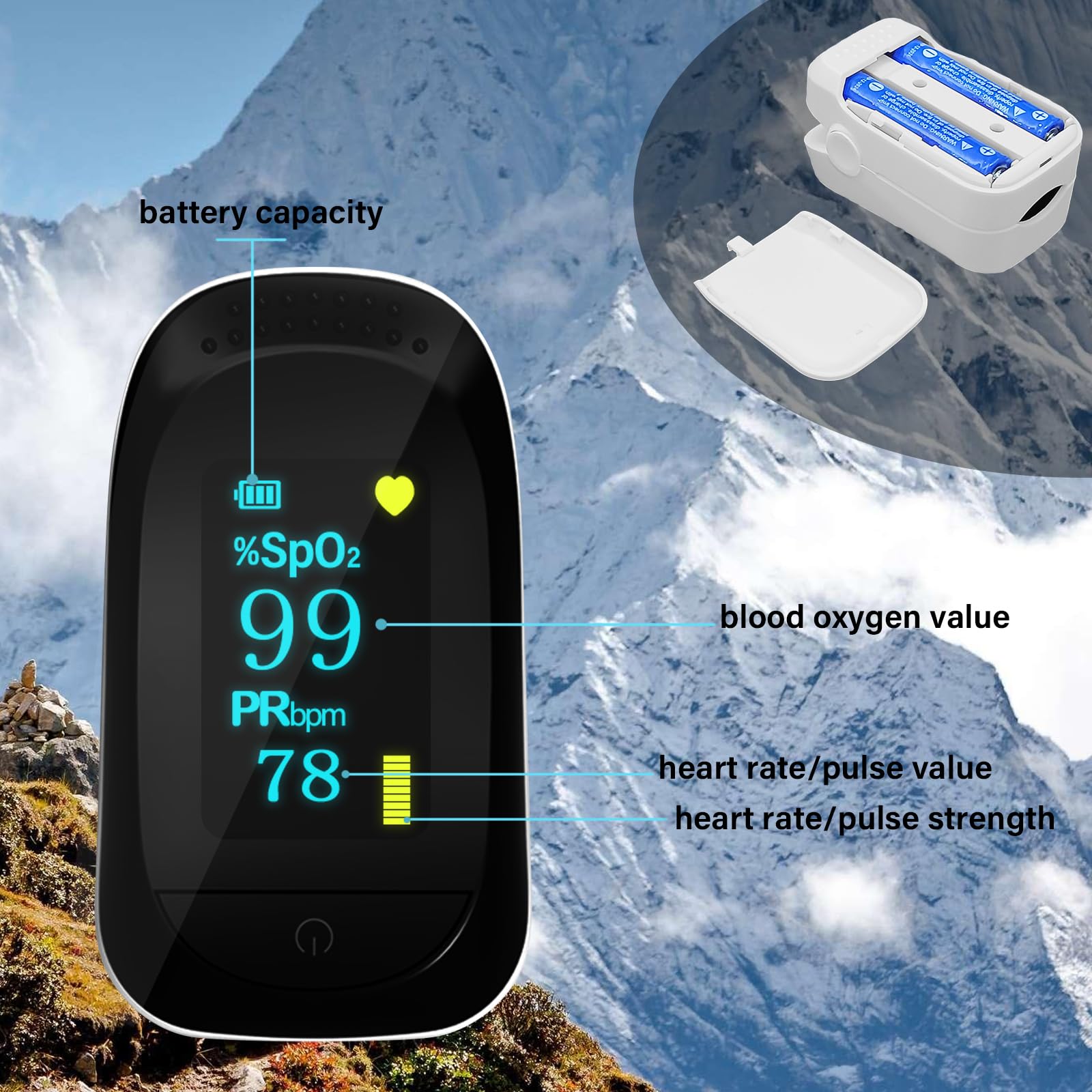 Pulse Oximeter, Oxygen Meter Finger Monitor, Home Heart Rate, Easy to Use, Low Power Consumption, Easy to Carry, High-Grade Shape, with Accessories — view 5
